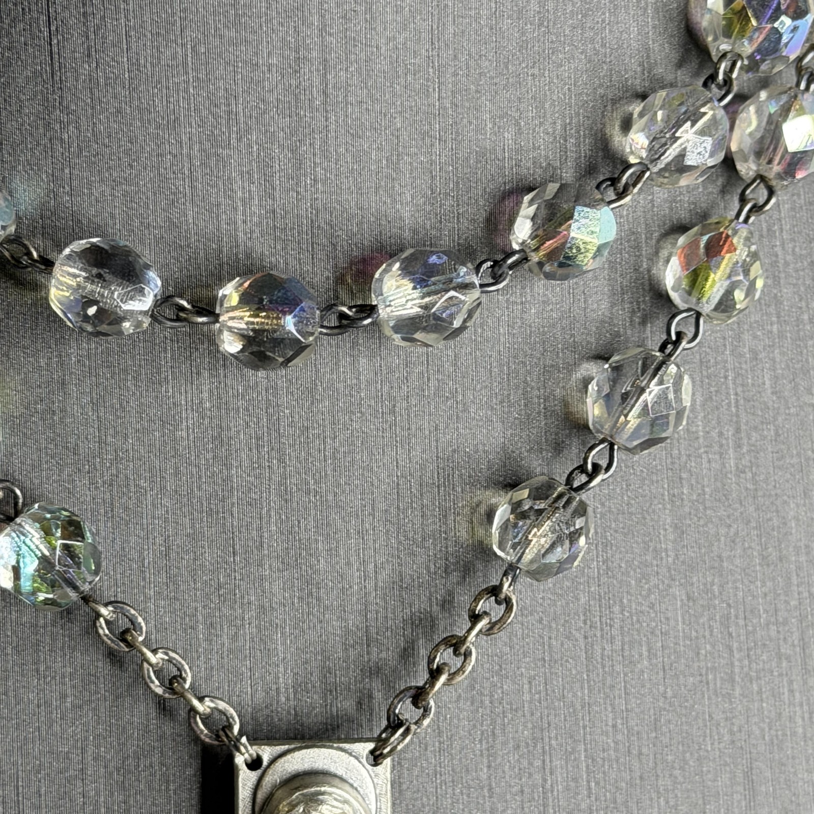Vintage Clear Crystal Beaded Rosary Necklace Y Drop Cross Roma Italy 21in