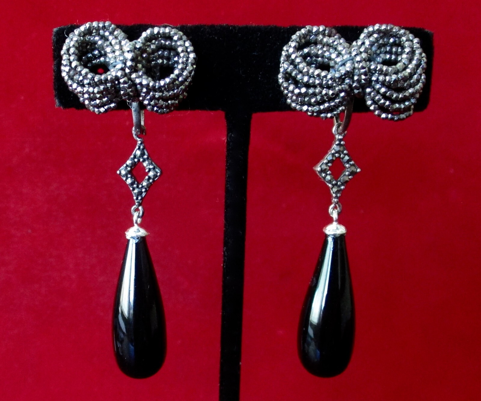 Pair of Antique 2 1/2-Inch Cut Steel & Black Glass Screw Back Earrings