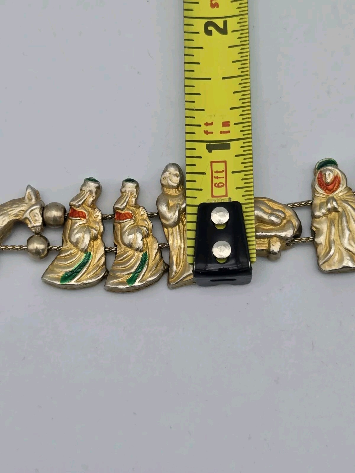 VTG Medici Two Sisters Slide Charm Bracelet Nativity Christmas Scene Gold Tone