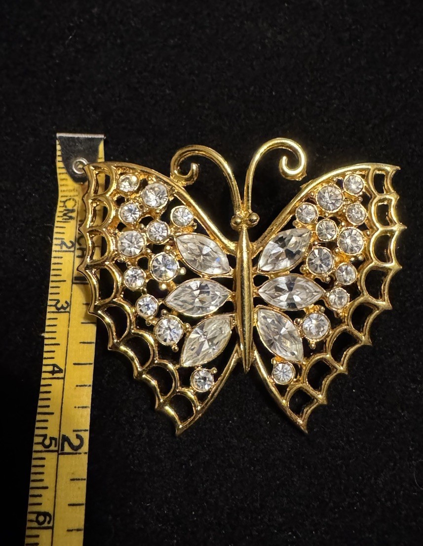 Revere Butterfly Brooch, Gold-tone Filled With White Rhinestones , Signed