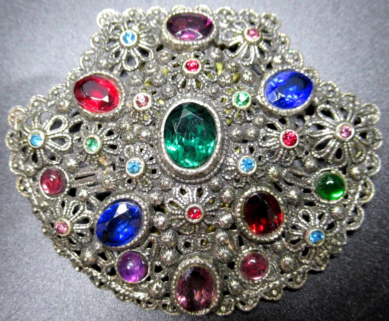NEW ENGLAND GLASS WORKS Colorful Rhinestone Floral Filigree Vintage Dress Clip