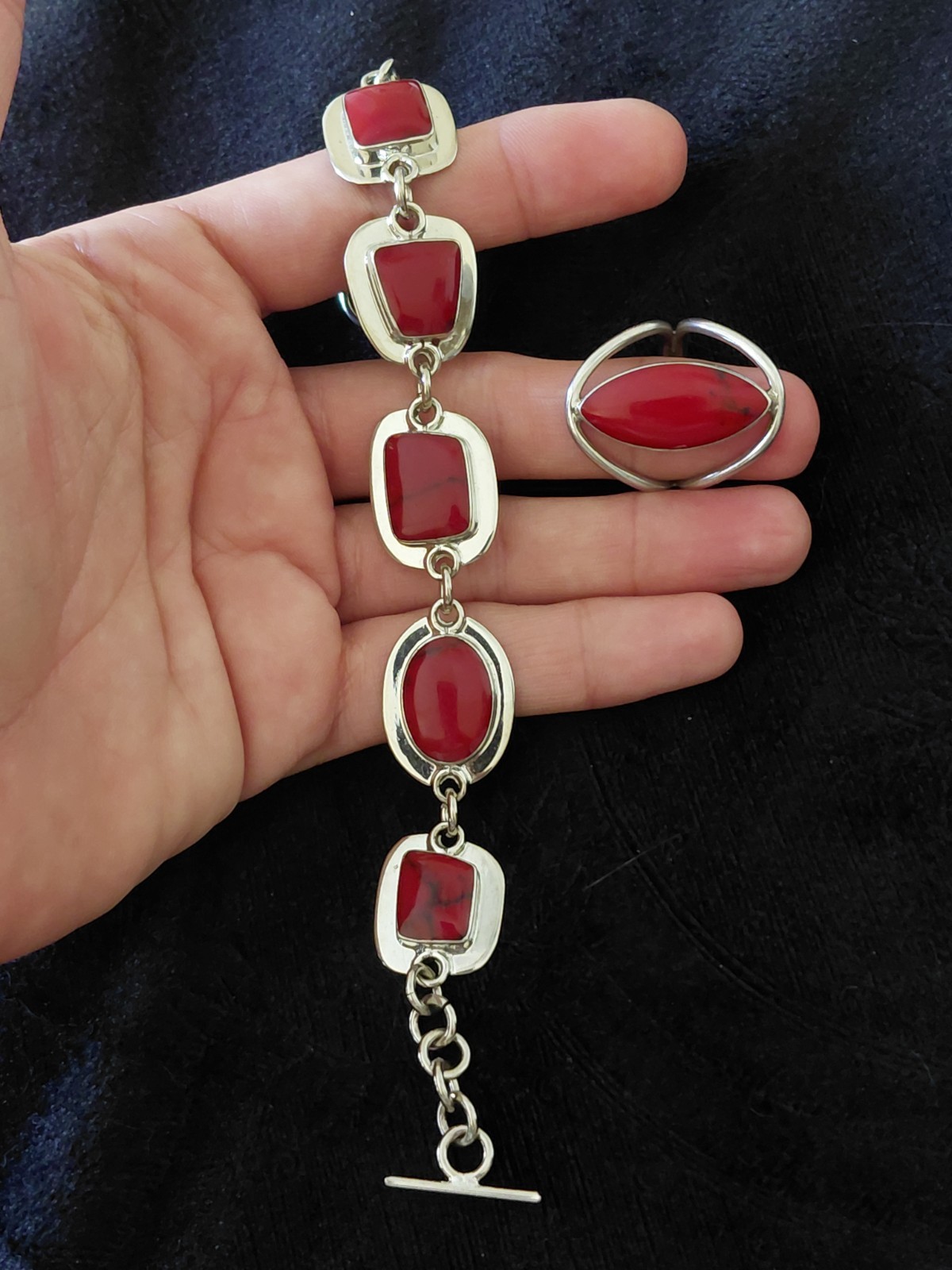 Taxco Vintage Signed ATI Mexico Sterling Silver Red Jasper Bracelet And Ring Set