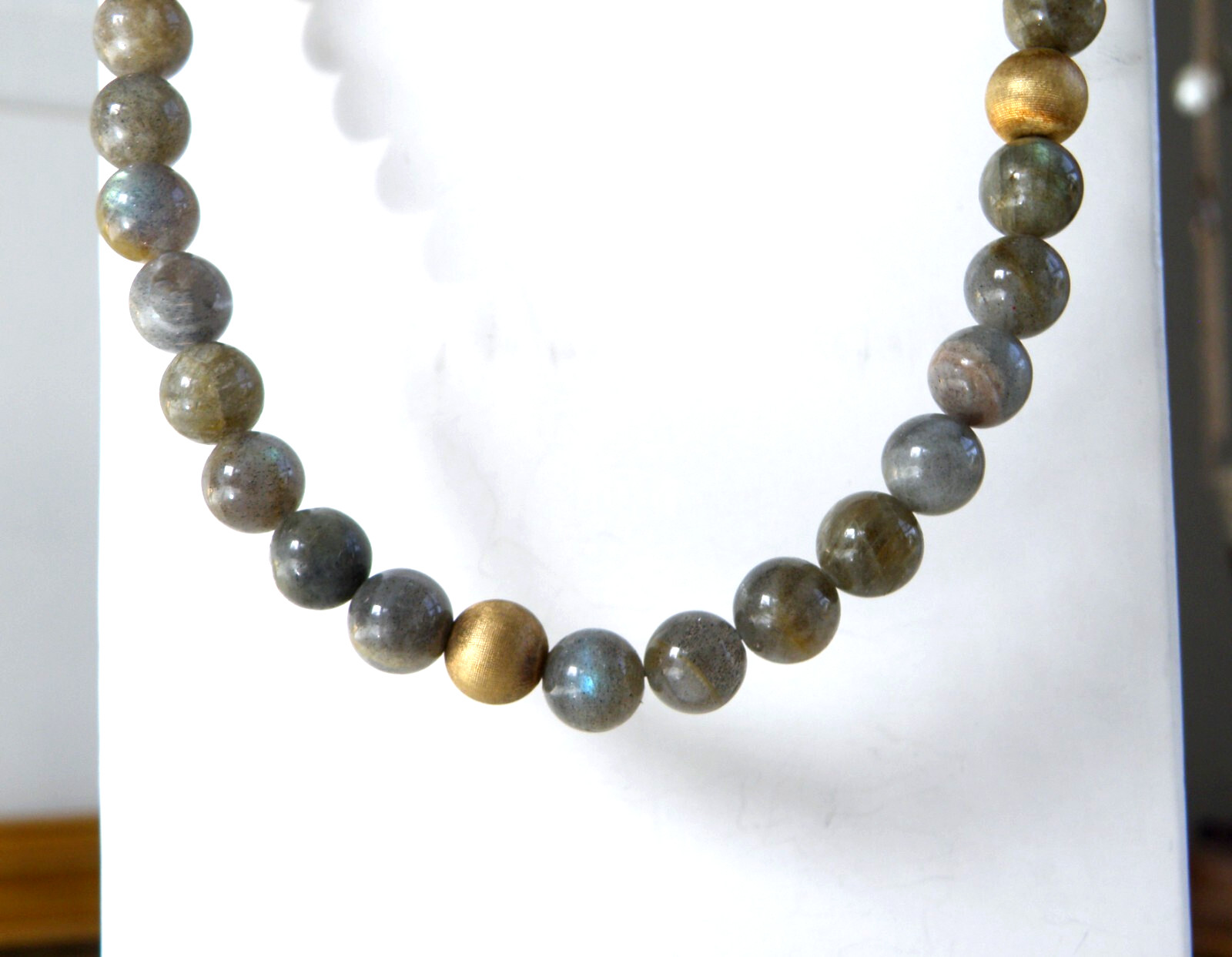 Vintage Sterling Silver 925 Gold on Natural Labradorite Bead Necklace 17.5″