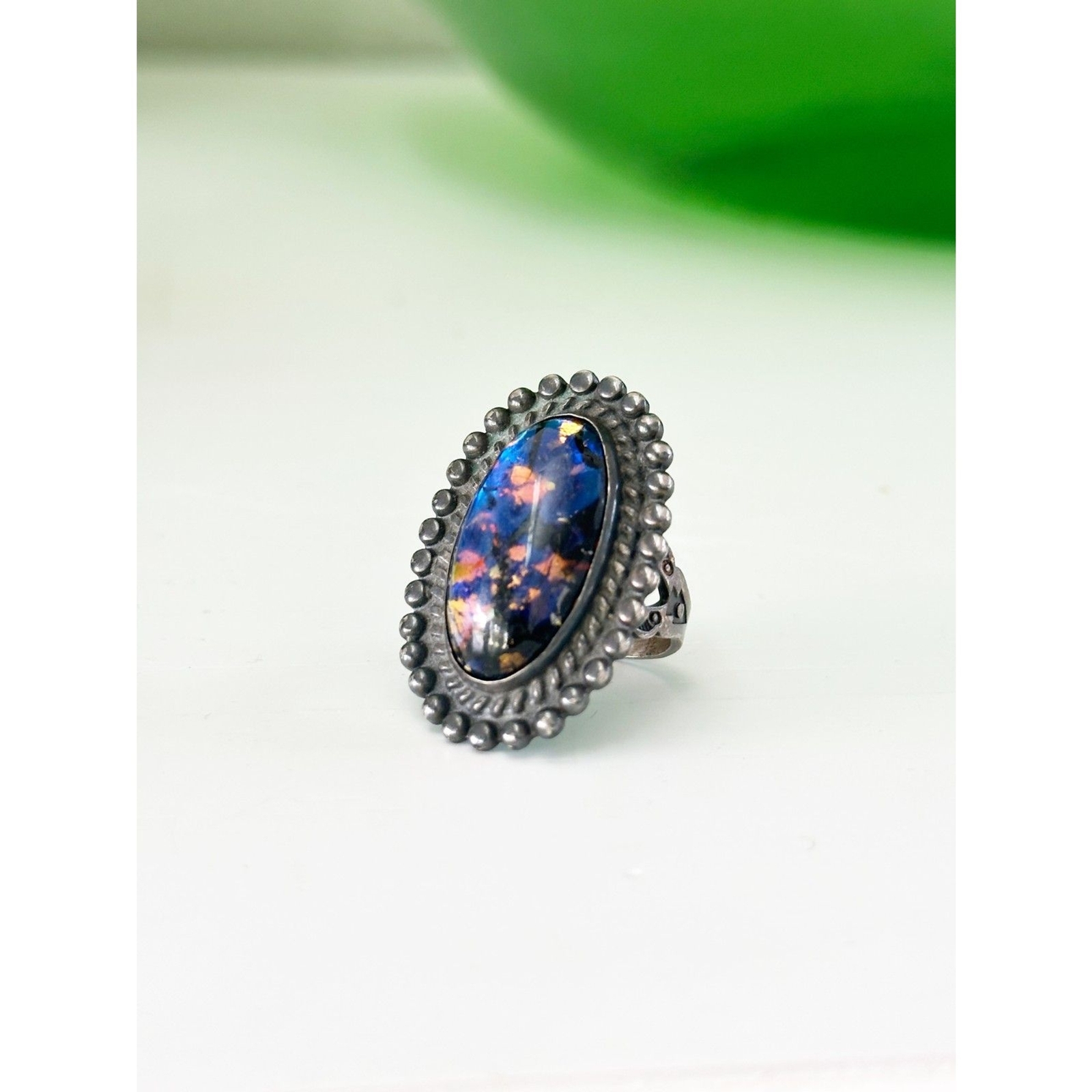 Vintage Mexico Dichroic Glass Sterling Silver Ring Foil Art