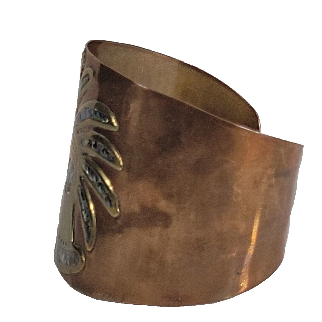 Vintage Copper Brass & Abalone Inlay Cuff Bracelet Boho Bohemian Folk Art Mexico