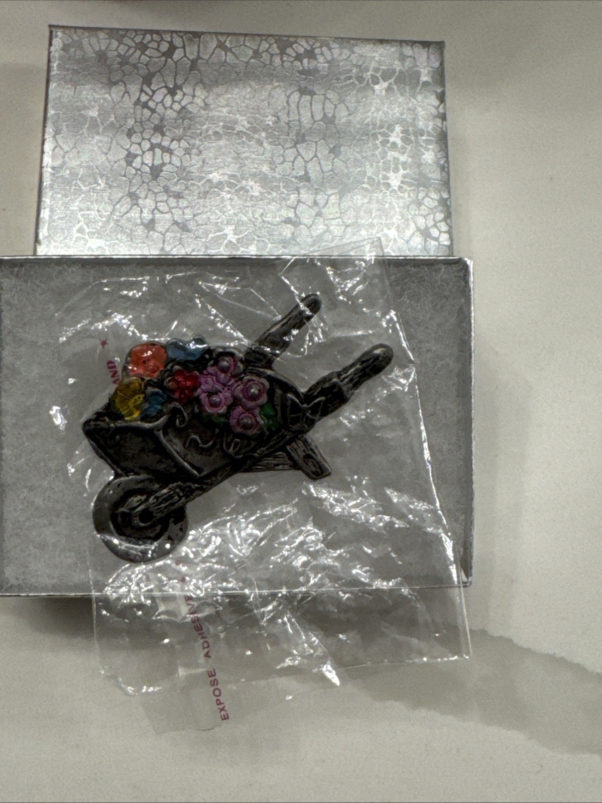 Vintage La Rage Enamel Pewter Color Wheelbarrow Gardening Flowers Brooch Pin