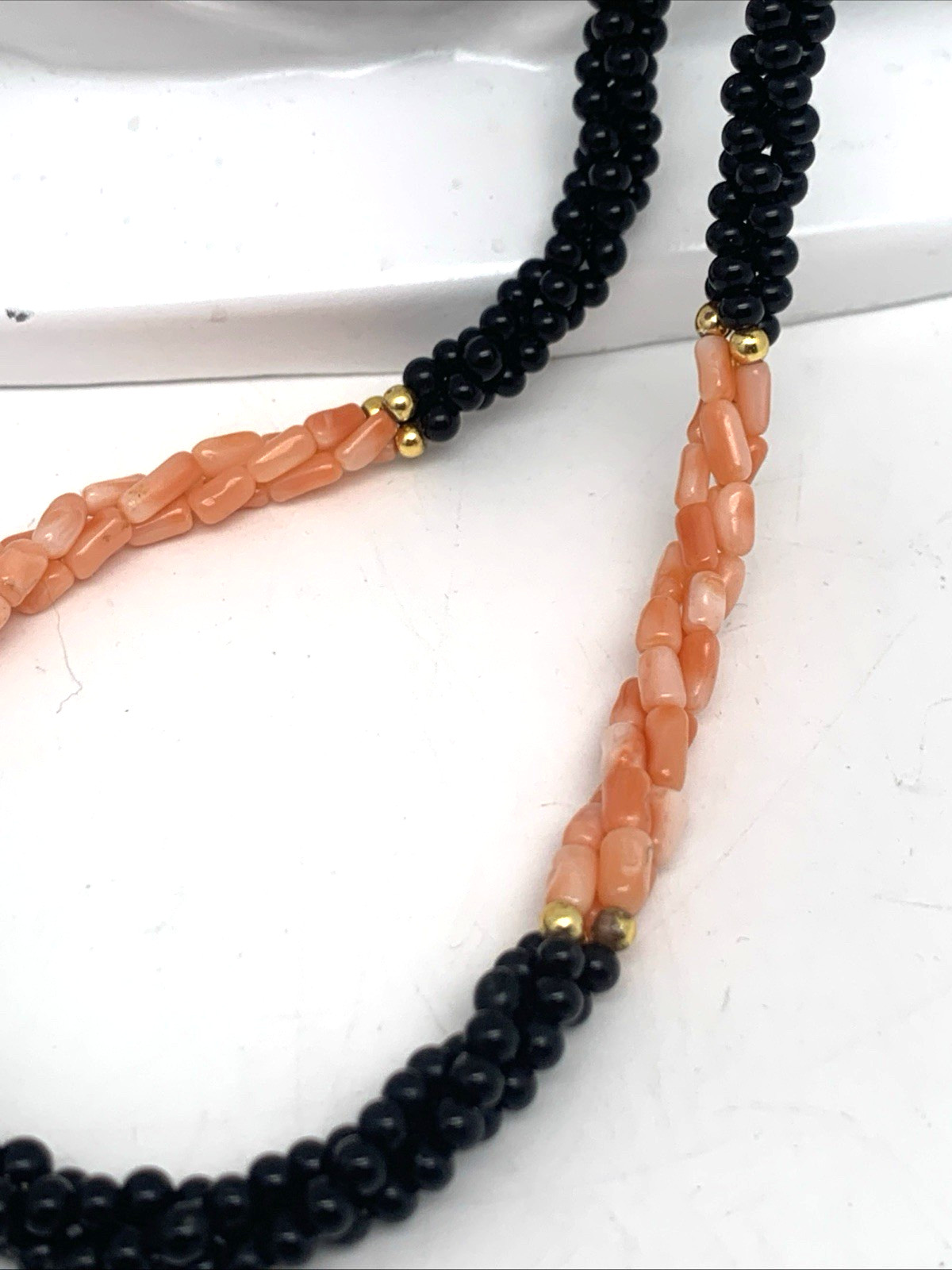 Vintage Twisted 3 Strand Coral & Onyx Beaded 30″ Necklace
