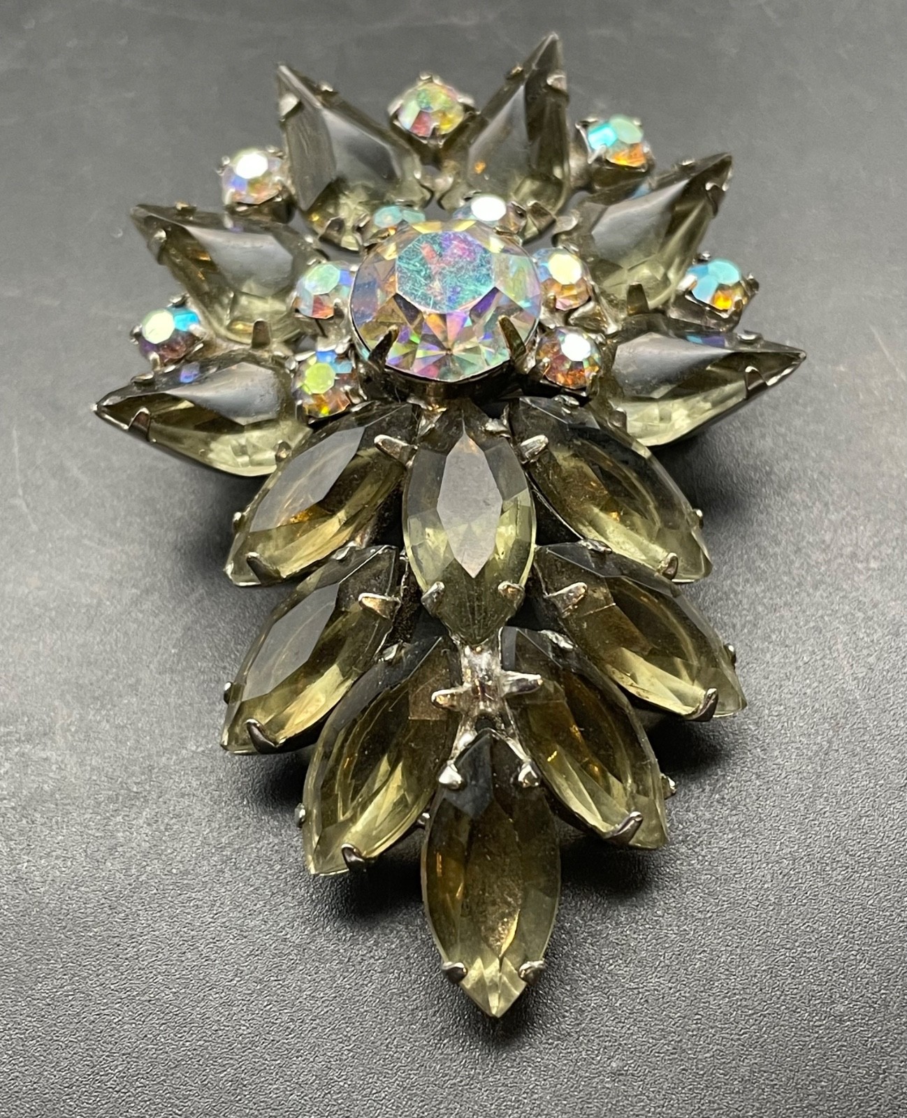 Vintage Czech Brooch, Large Brooch with Rhinestone, Aurora Borealis Brooch