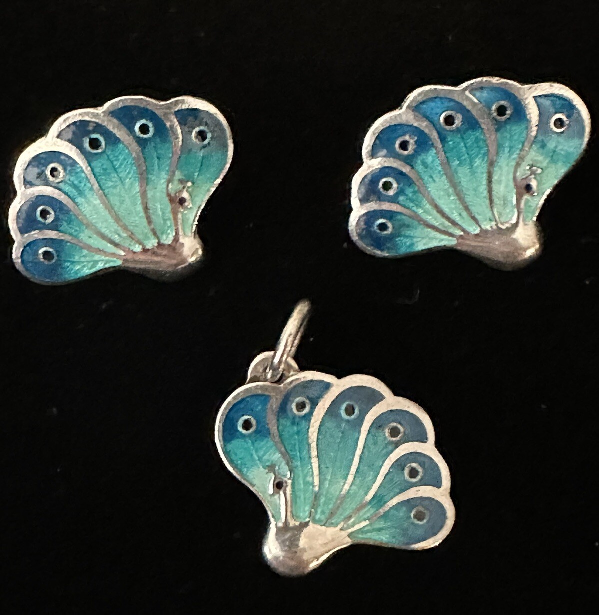 Ramirez 980 Silver Peacock Blue Guilloche Enamel Charm/Pendant & Post Earrings