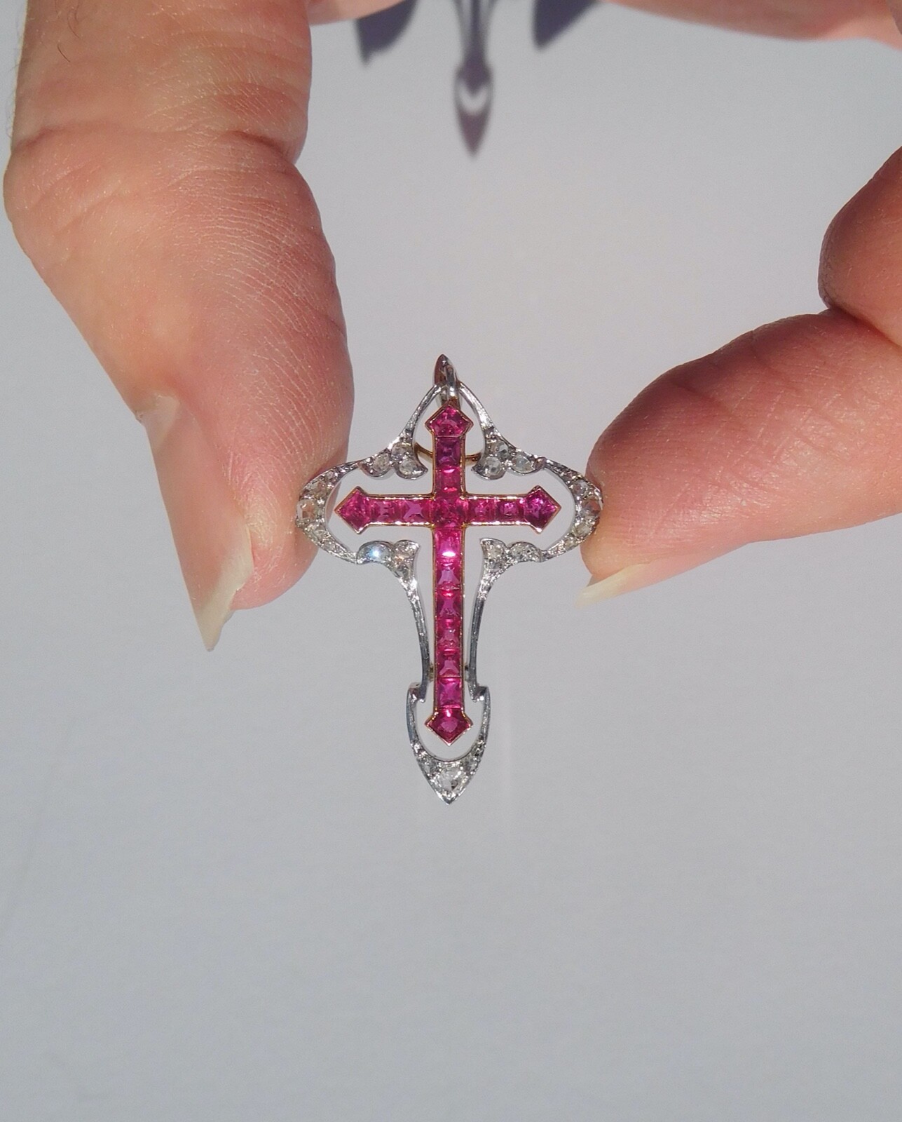 Belle Époque Art Nouveau 18K Rose Gold Platinum Diamonds Rubies Cross Pendant 🥀