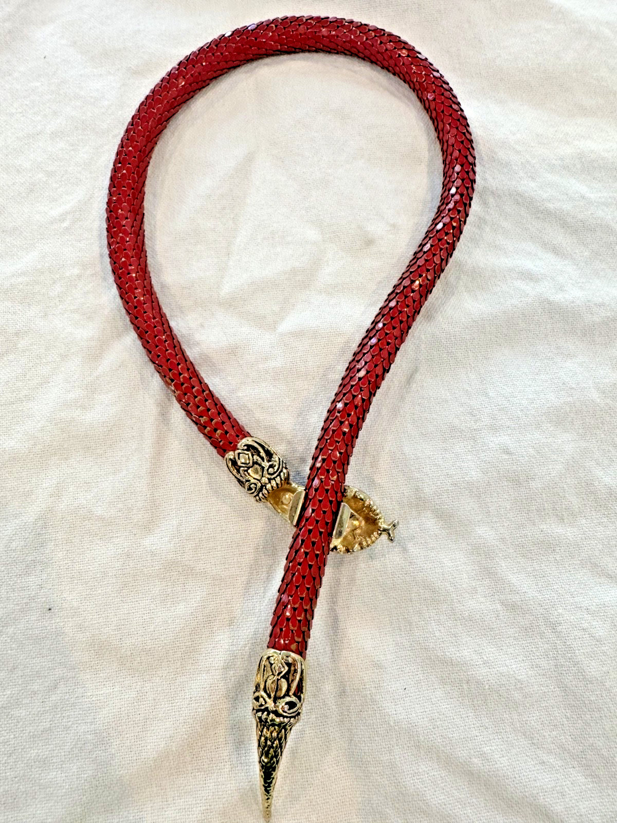 DL Auld Gold Red Mesh Snake Choker Necklace Rhinestone Vintage