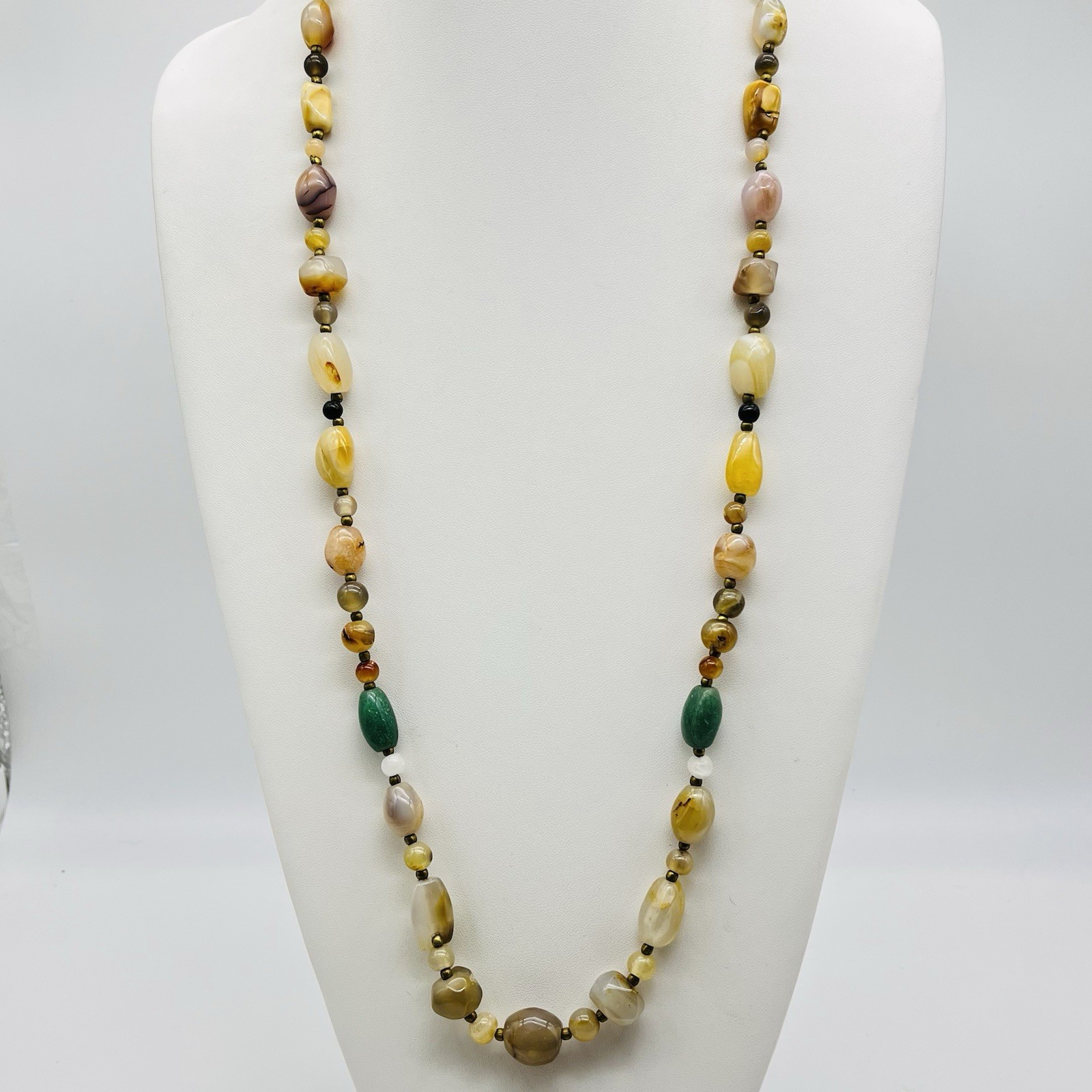Vintage Beggar Bead Necklace Multicolor Agate Stone Boho Layering Strand 32″