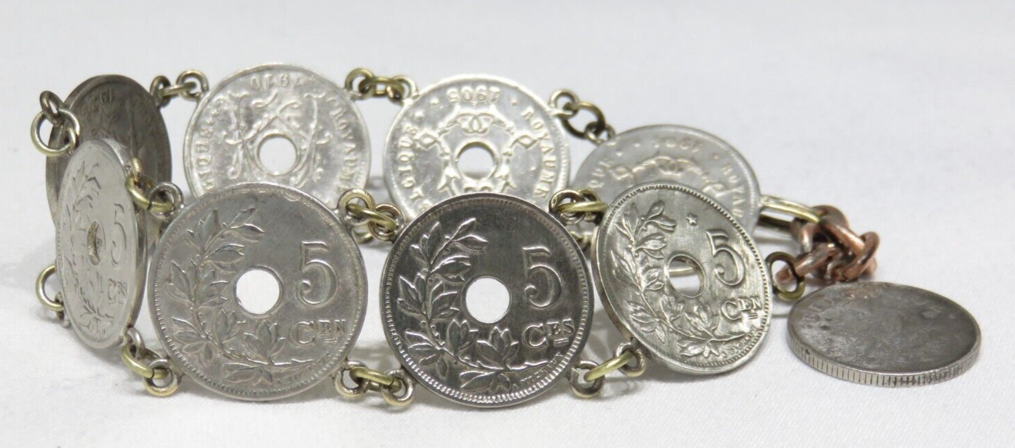 Antique 5 Centimes 1900’s Belgium Coin Chain Link Bracelet Lot 2301 lisasfinds