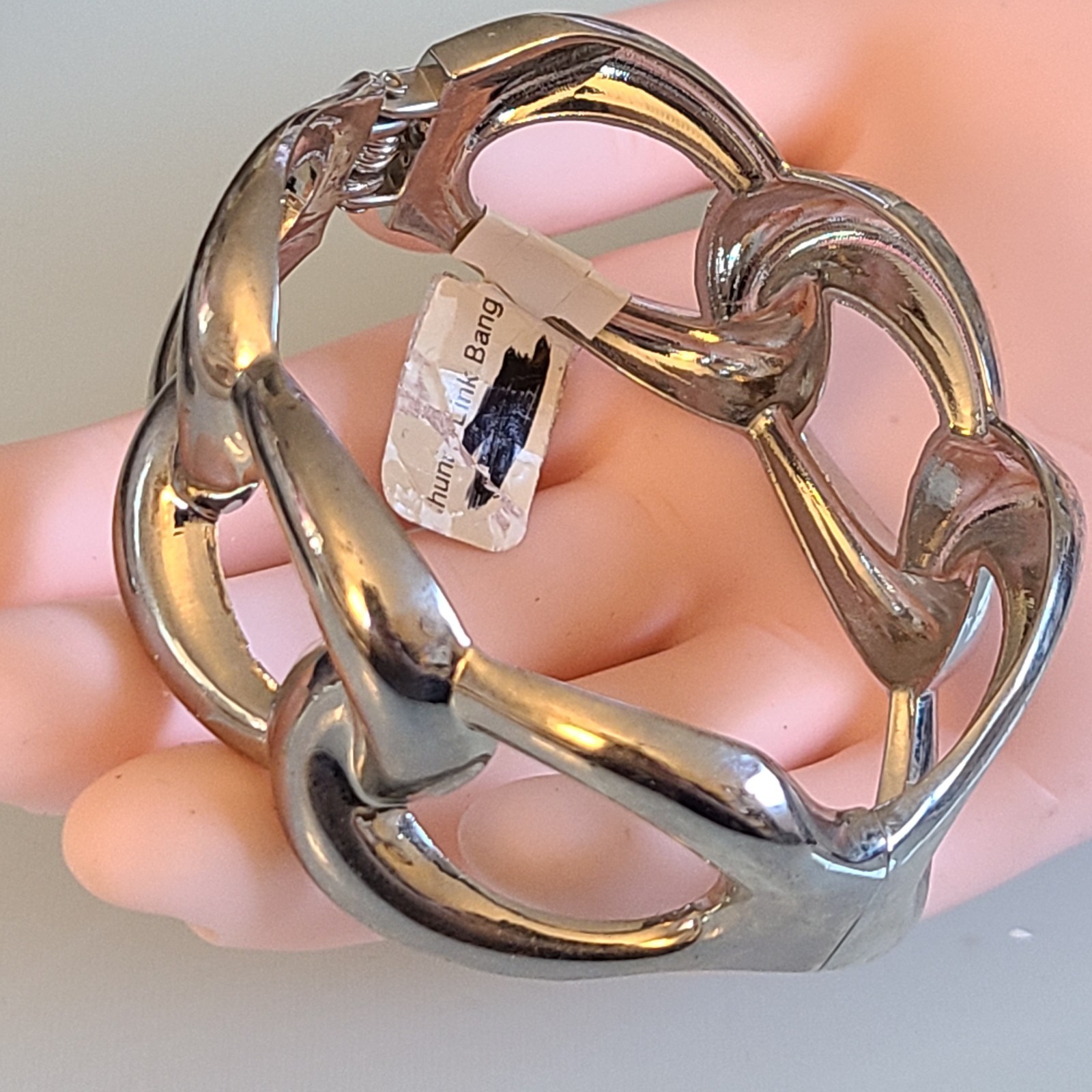 Chunky Silver Tone Polished Linked Statement Bangle Bracelet 1″ Wide Hinged