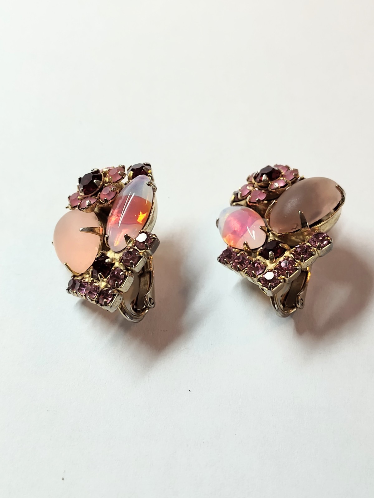 Vintage Stunning Givre Pink Red Clear AB Rhinestone Brooch Pin Clip Earrings