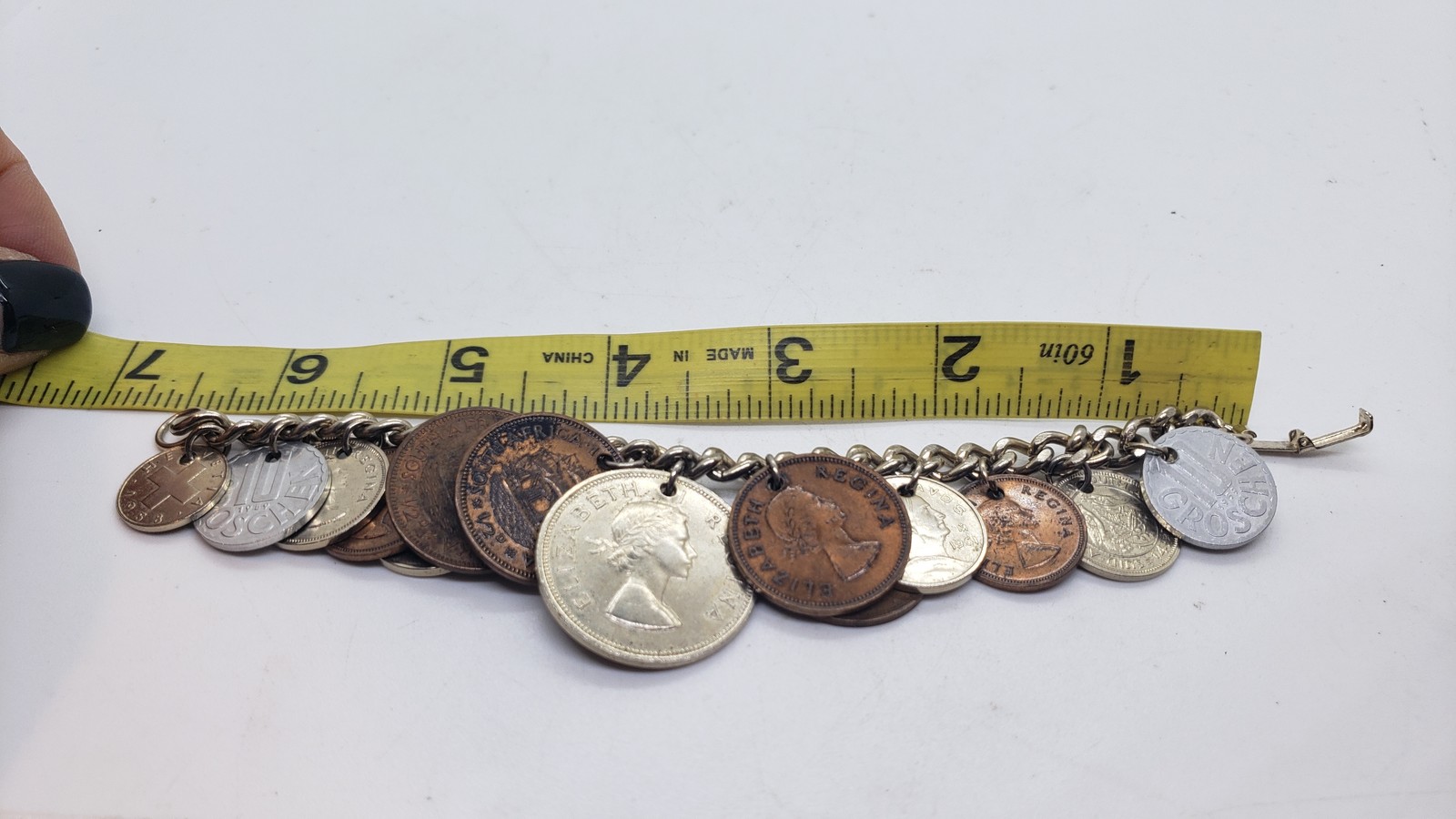 Vintage Coin Charm Bracelet Souvenir Mixed Coins Queen Elizabeth Regina Collect
