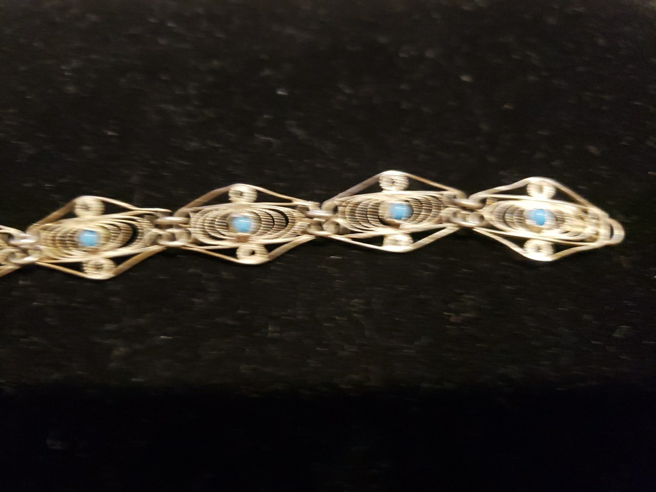 Vintage 6″ Filigree Silver Tone Bracelet With Small Blue Stones