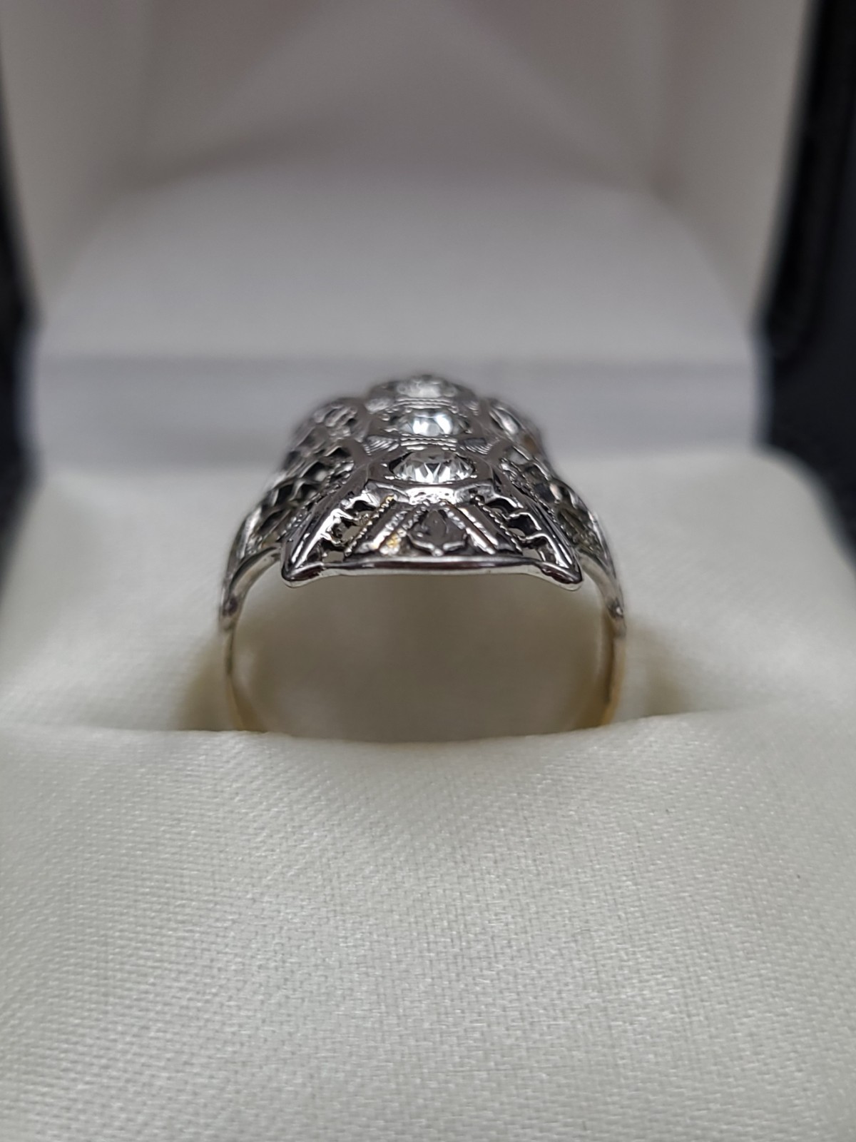 Vintage 14KT GE Art Deco Filigree Glass Stone Ring Size 6.5