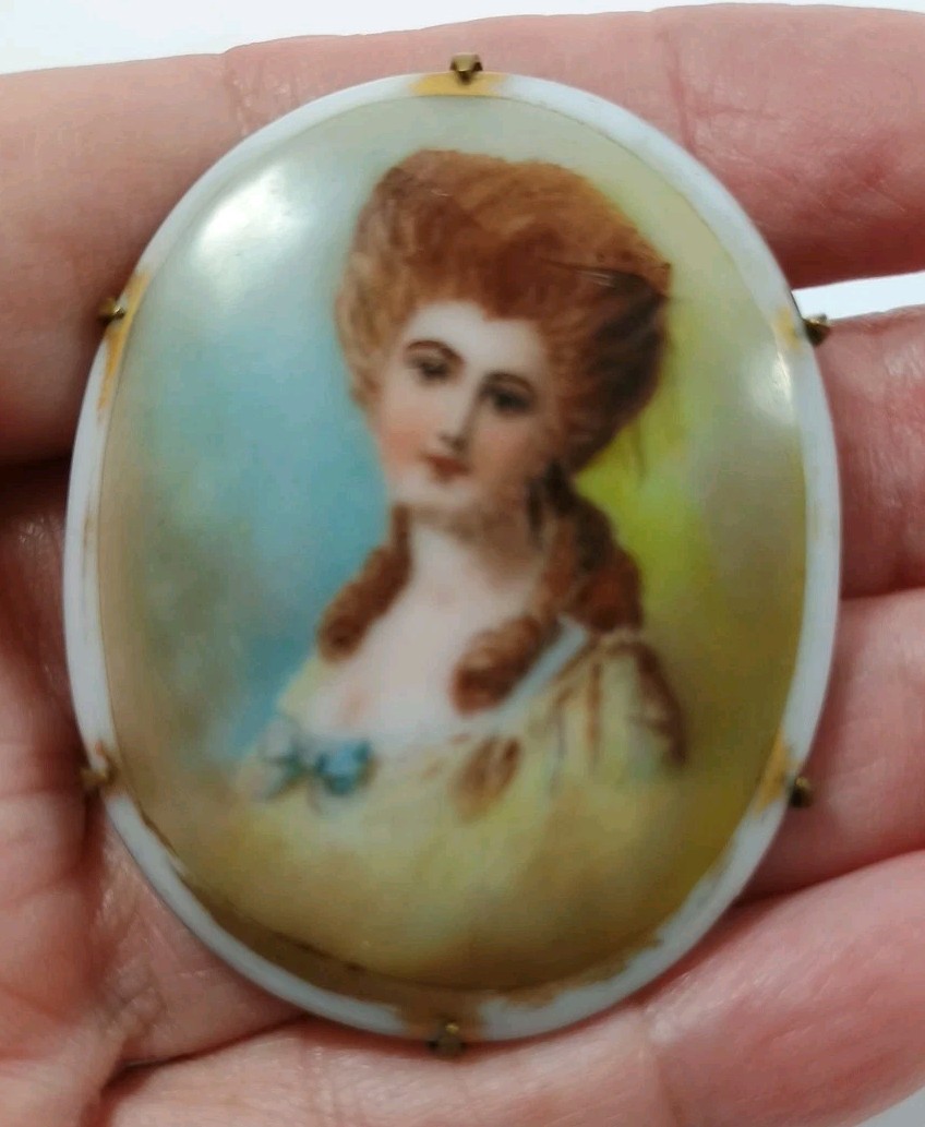 Antique Victorian Hand Painted Portrait Brooch Porcelain Brass C Clasp 2″