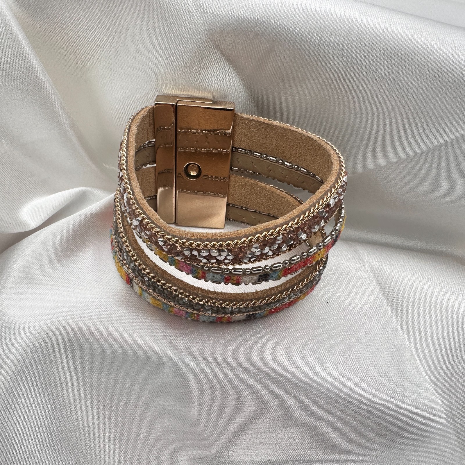 Vintage 90s Multi-Strand Wrap Bracelet Glass Fabric Statement Fashion Jewelry