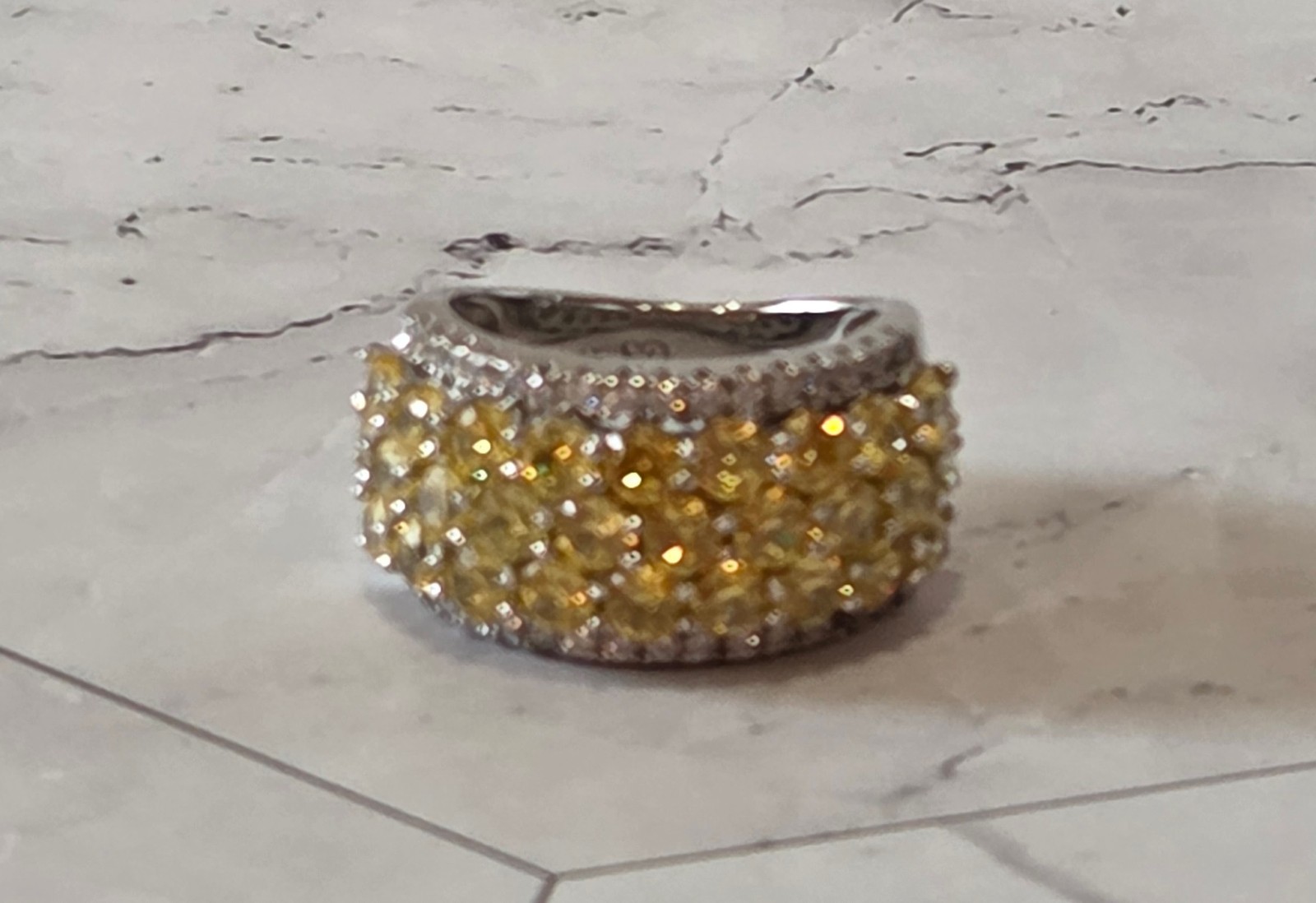 VINTAGE 925 Silver signed SD 3 Row Yellow Citrine w/ CZ Accent Ring sz 5