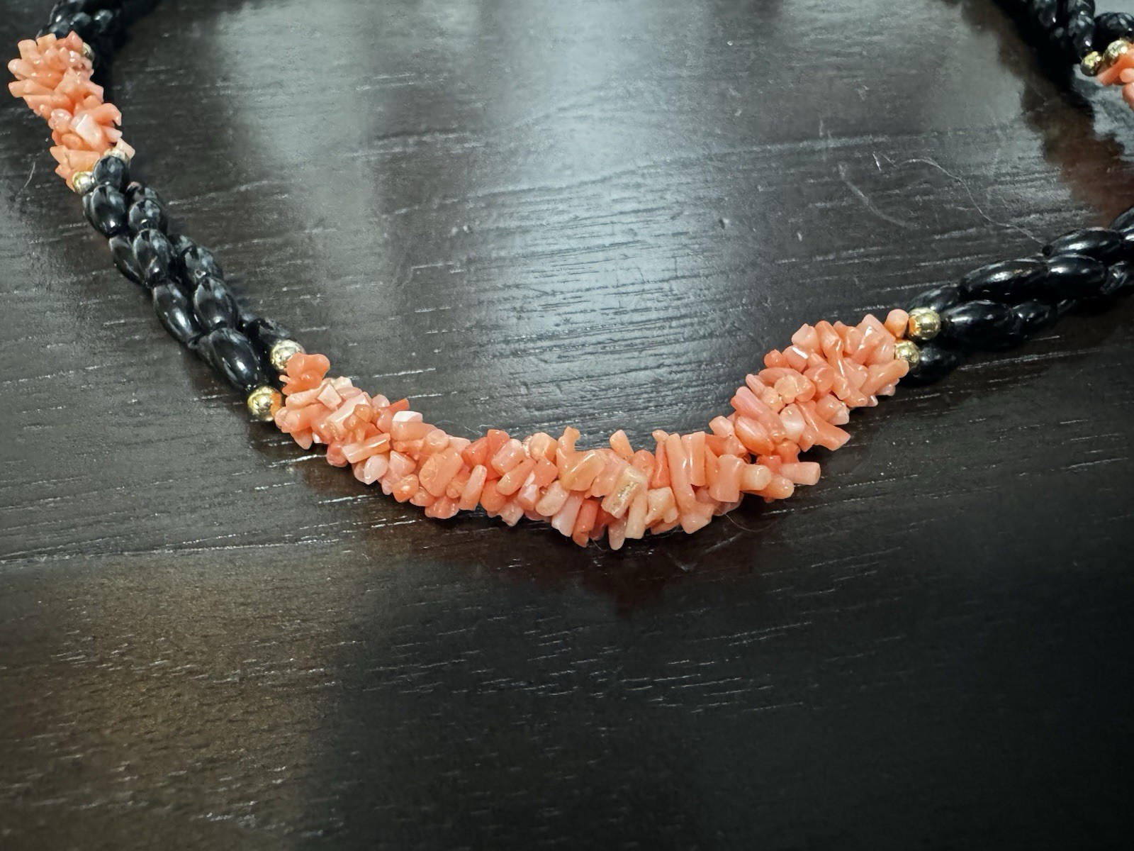 Rare Vintage Genuine Black Coral Yusr & Salmon Pink Coral Chip Torsade Necklace