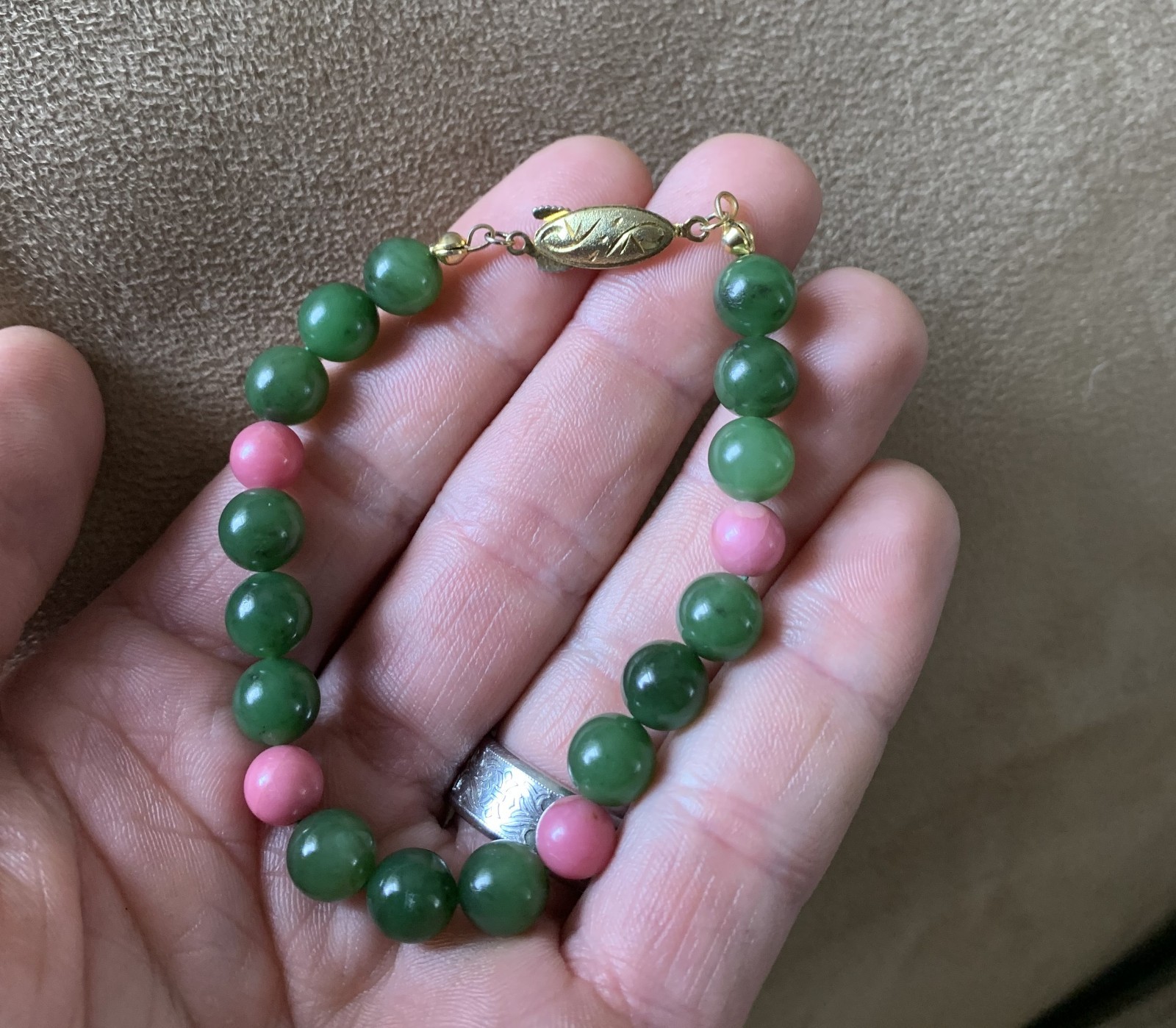 Natural Type A Jadeite & Pink Zoisite Bracelet (Mid-Century Export)