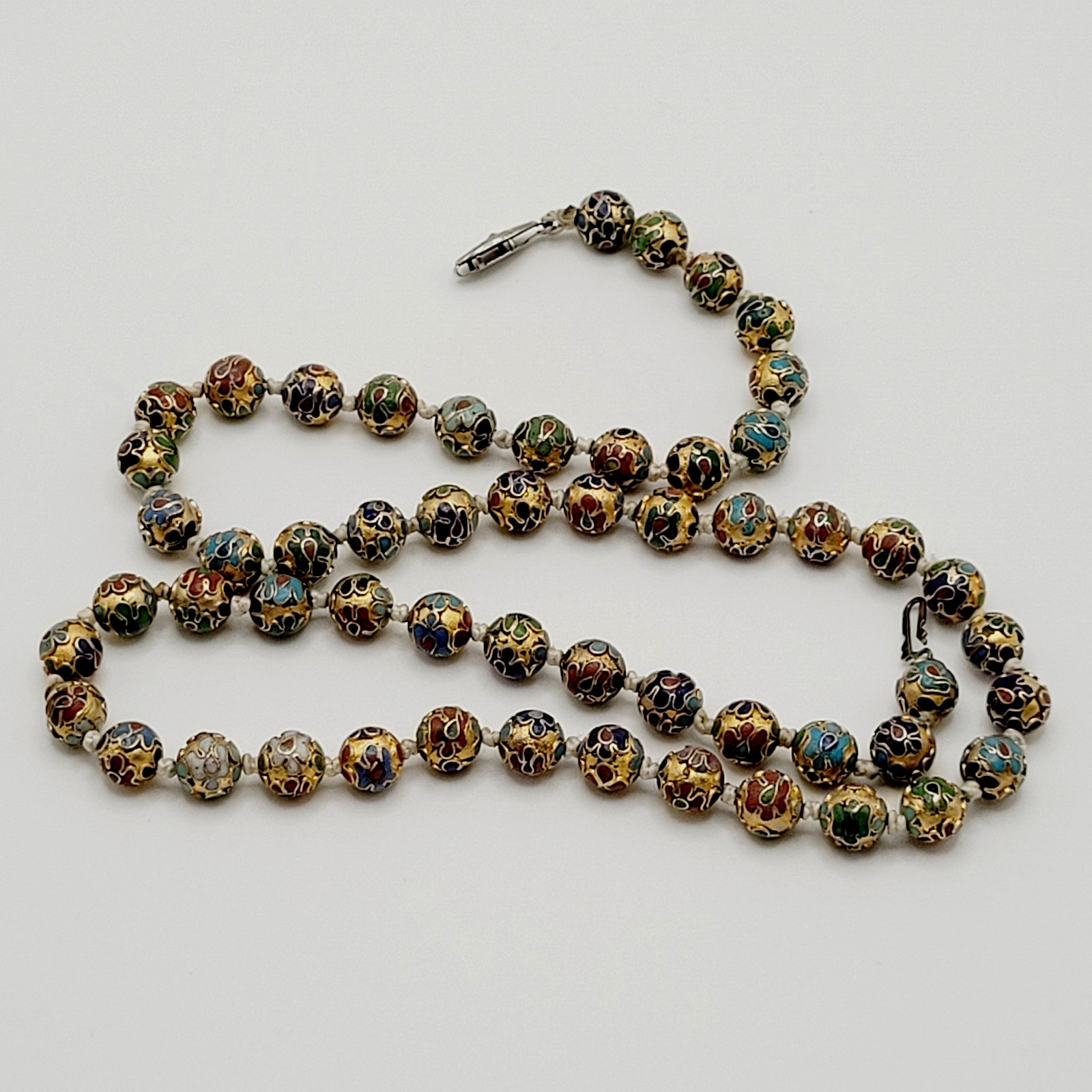 Chinese Cloisonné Floral Bead Hand Knot Circa 1930s Beaded Necklace 23 Inch