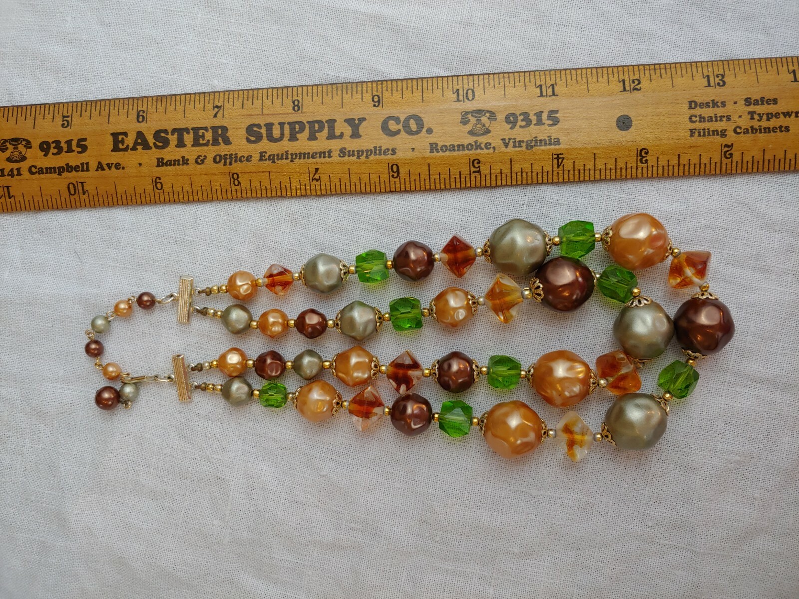 Vintage MCM 1950s Peach Gold Green Brown Bead Costume 2 Strand Necklace VGUC!