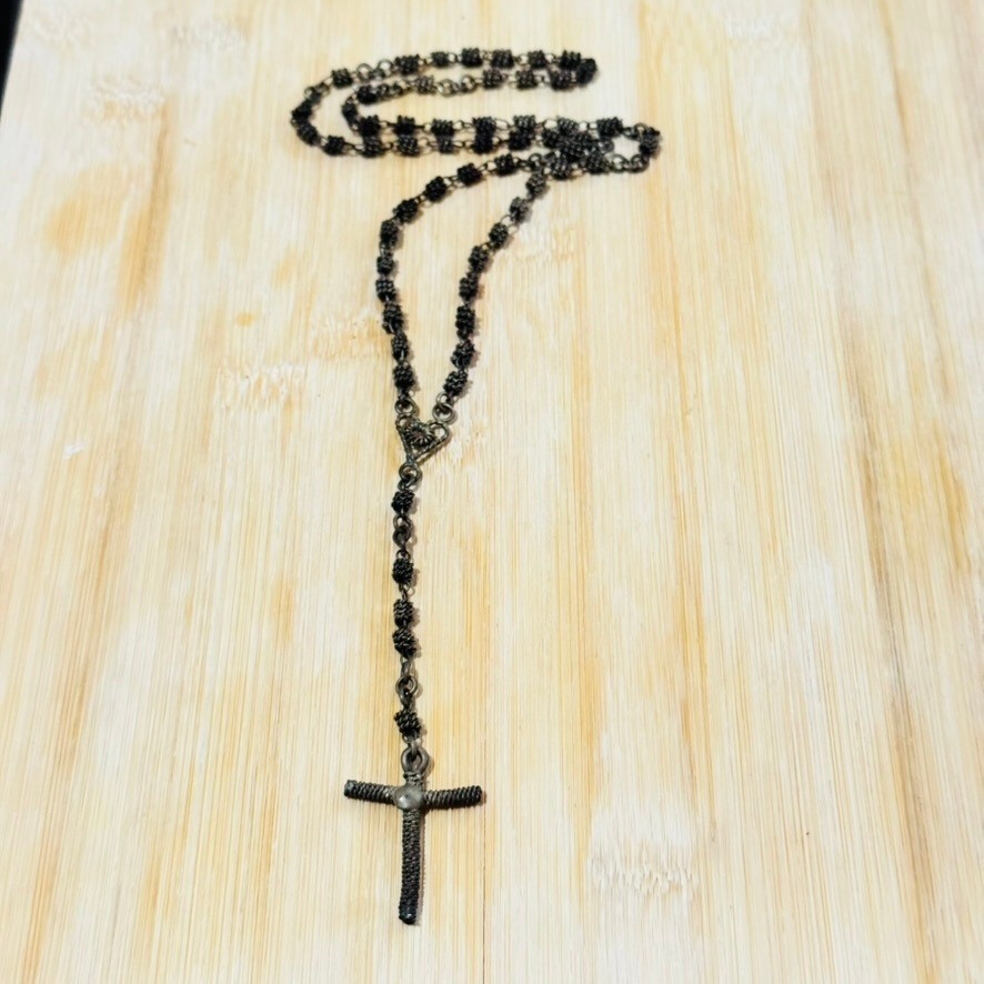 Gothic Style Rosary Necklace Devotional Rustic Chain Antiqued Wired Catholic VTG