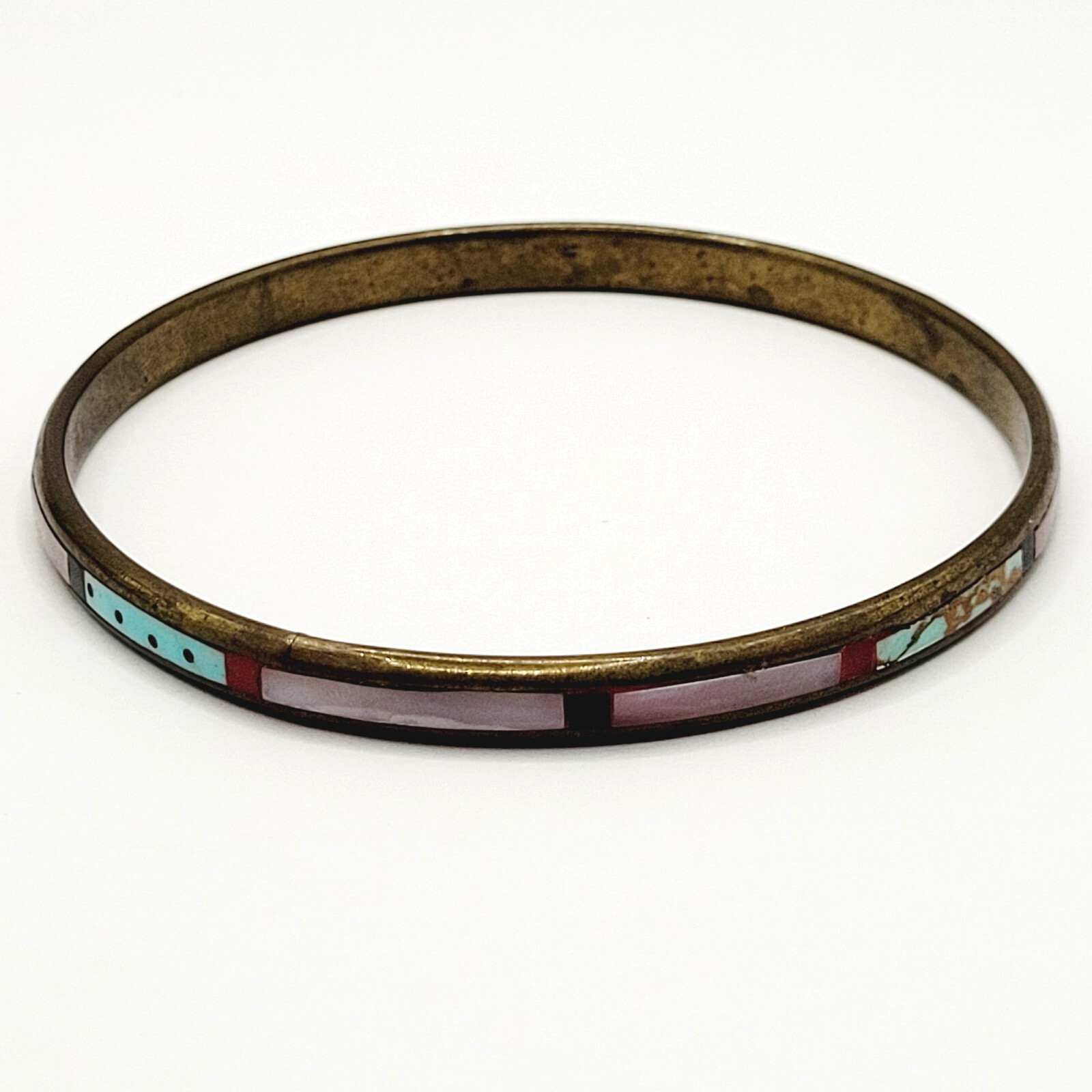 Handmade Southwestern Colorful Multi Stone Thin Inlay Vintage Bangle Bracelet