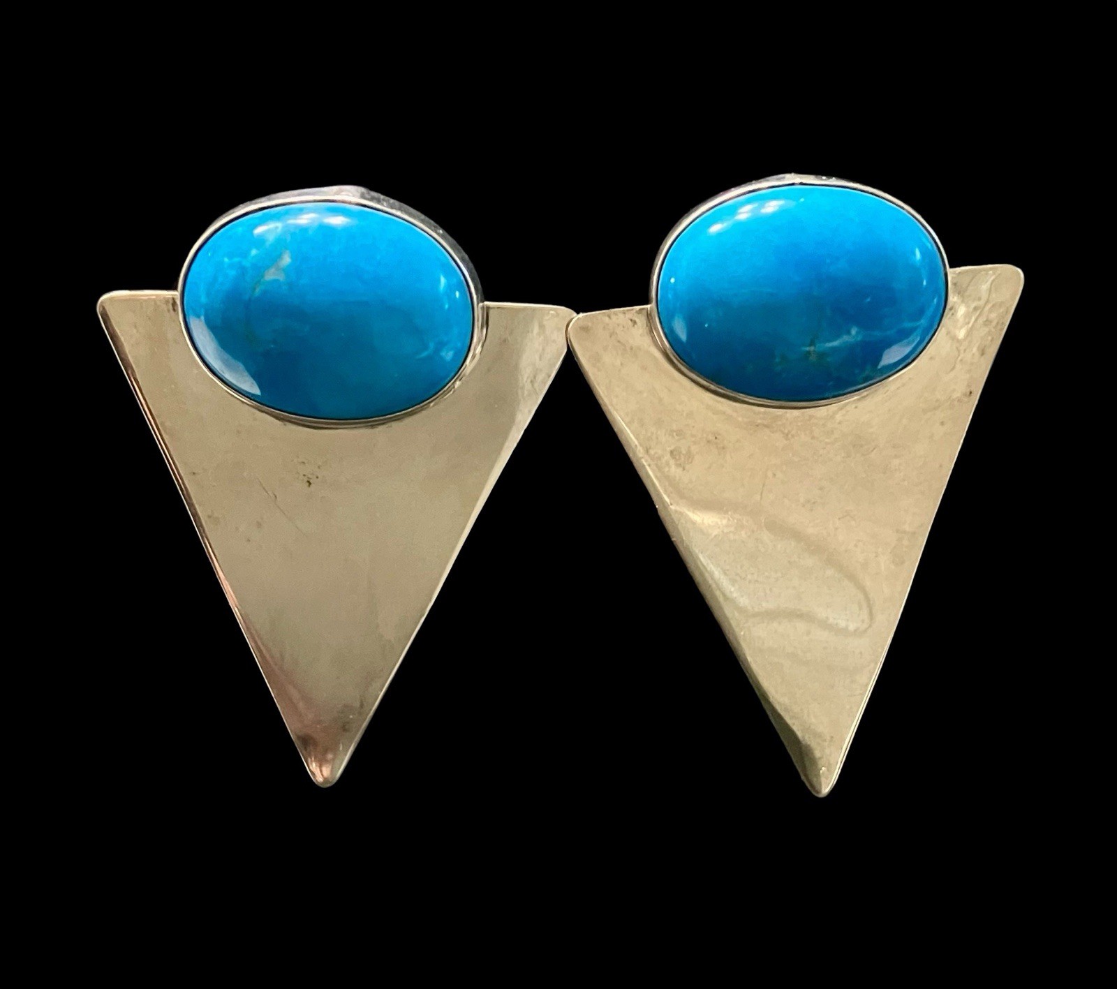 Vtg Sterling Silver Modernist Geometric Blue Cabochon Triangle Post Earrings