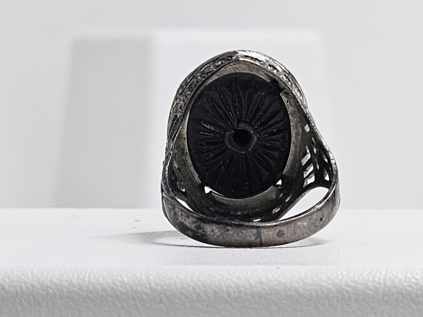 Antique Sterling Onyx & Rough Diamond Filigree Ring Sz 6 (Loose Stone/Onyx)