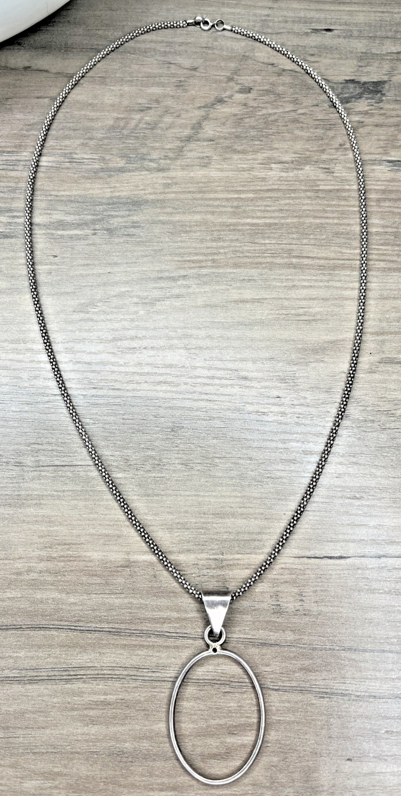 VTG Modernist Sterling 925 Popcorn Chain Necklace & Oval Openback Bezel Pendant