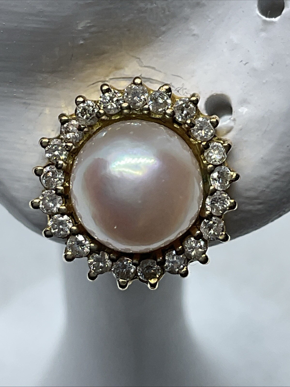 VINTAGE HANDMADE Solid 12K Yellow Gold Pearl & Diamond HALO Style STUD Earrings