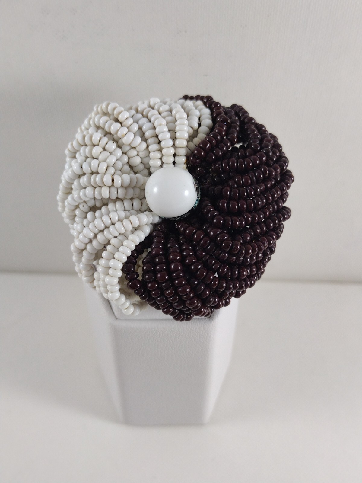 VTG 40s 50s Brown White Seed Bead Dangle Hoop Clip Earrings Brooch Set