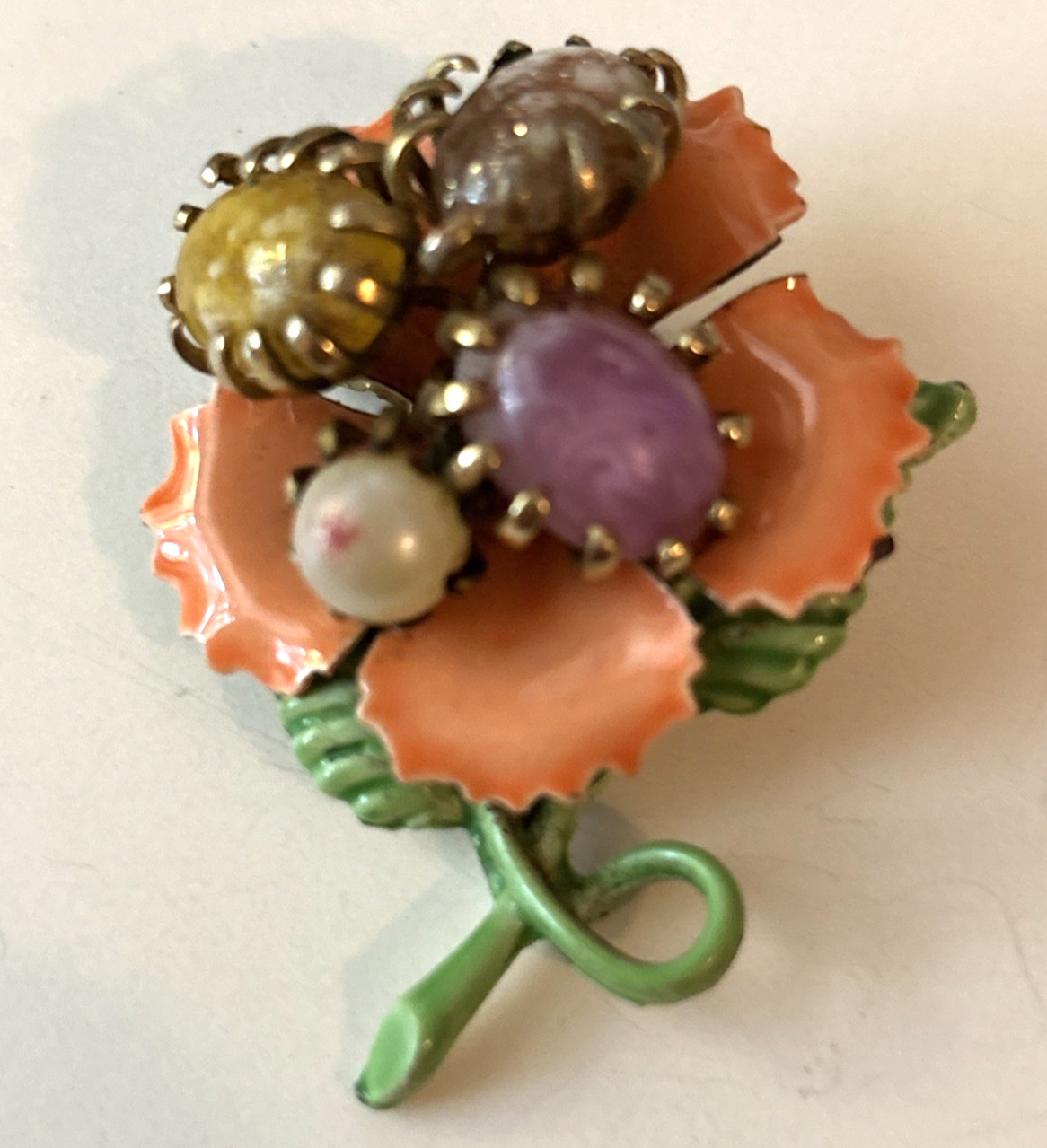 Vintage Enamel Orange Flower Power Brooch With Prong Set Tumbled Stones READ