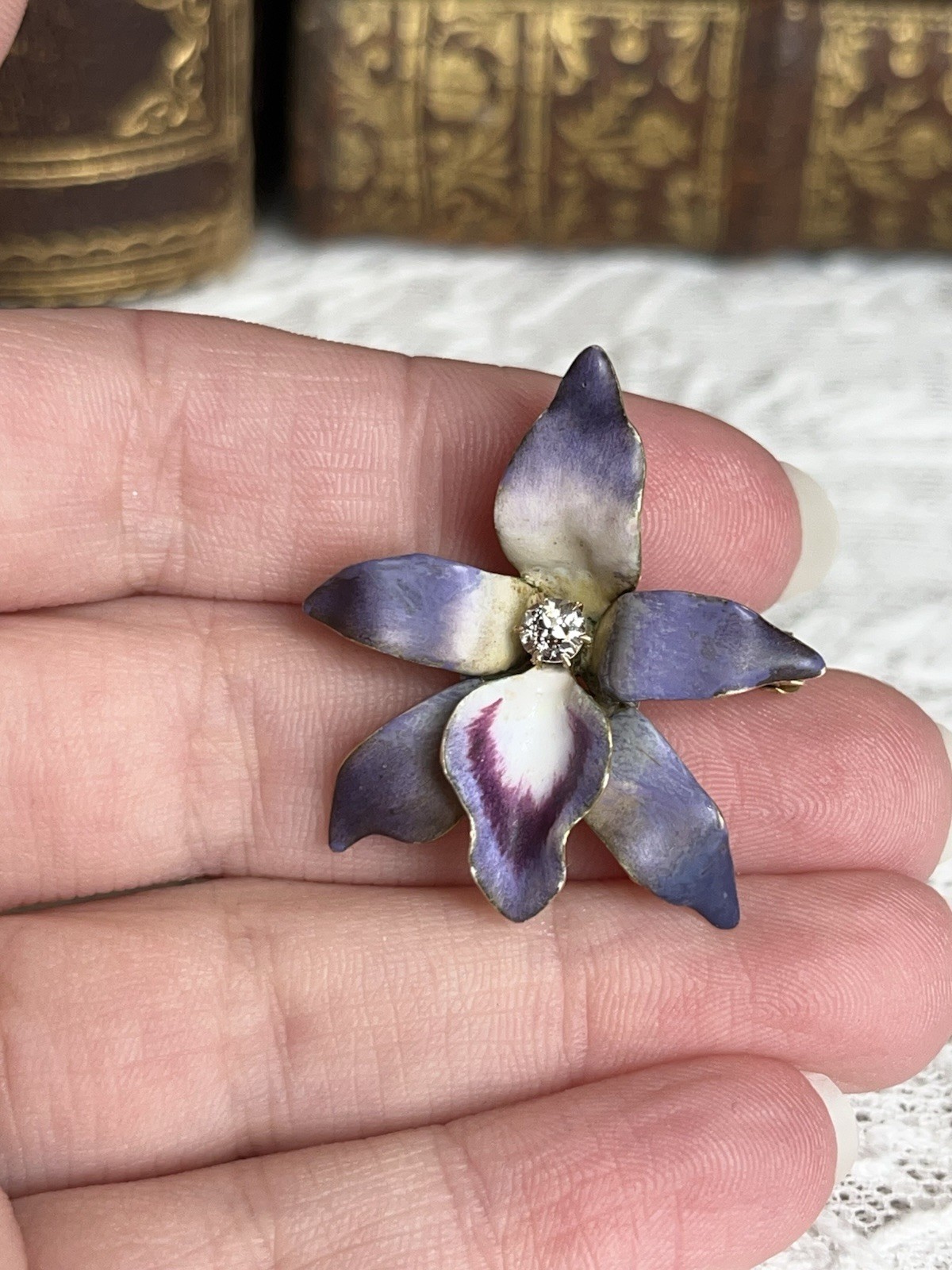 Antique Art Nouveau 14k Purple Enamel Diamond Orchid Brooch Pendant Original Box