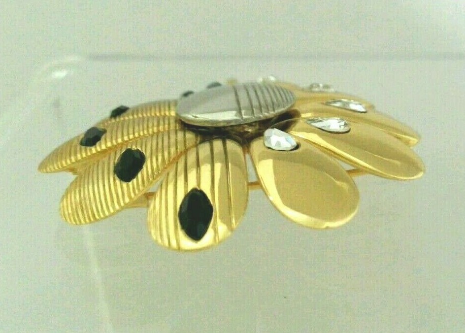 KN. “Orena” Paris Gold Tone Flower Brooch with Clear & Black Crystal signed
