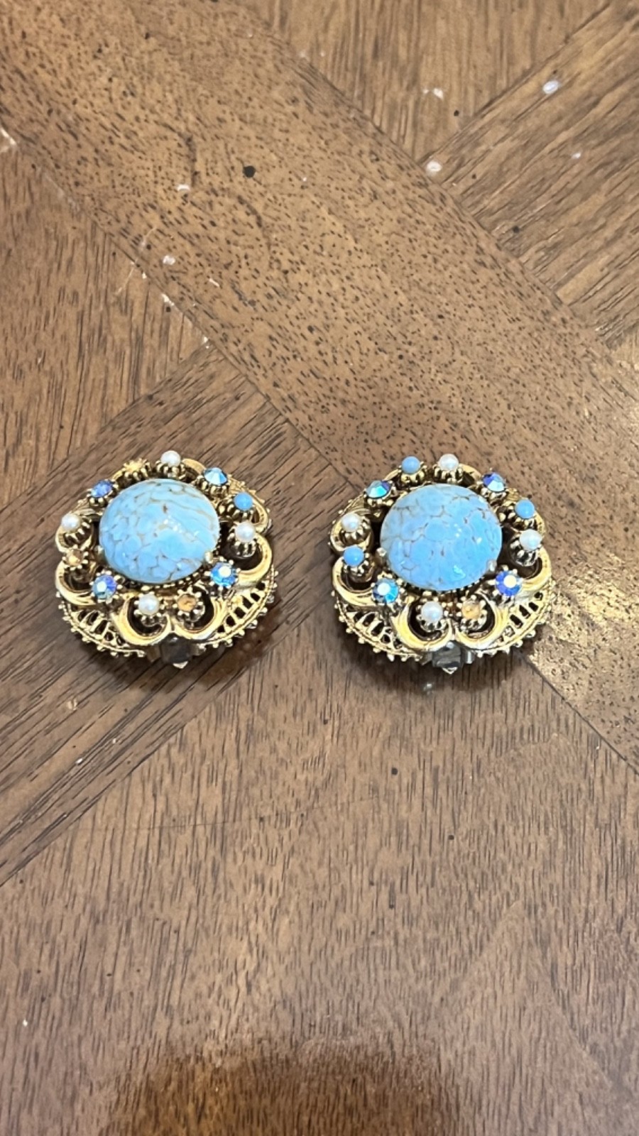 Vintage Florenza Faux Turquoise Cabochon Stud Earrings Gold Tone Signed Nice!