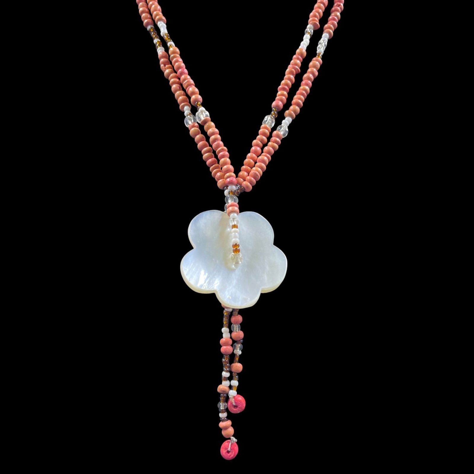 Bohemian Coral Beaded Necklace Mother Of Pearl Flower Pendant Vintage Cottagecor