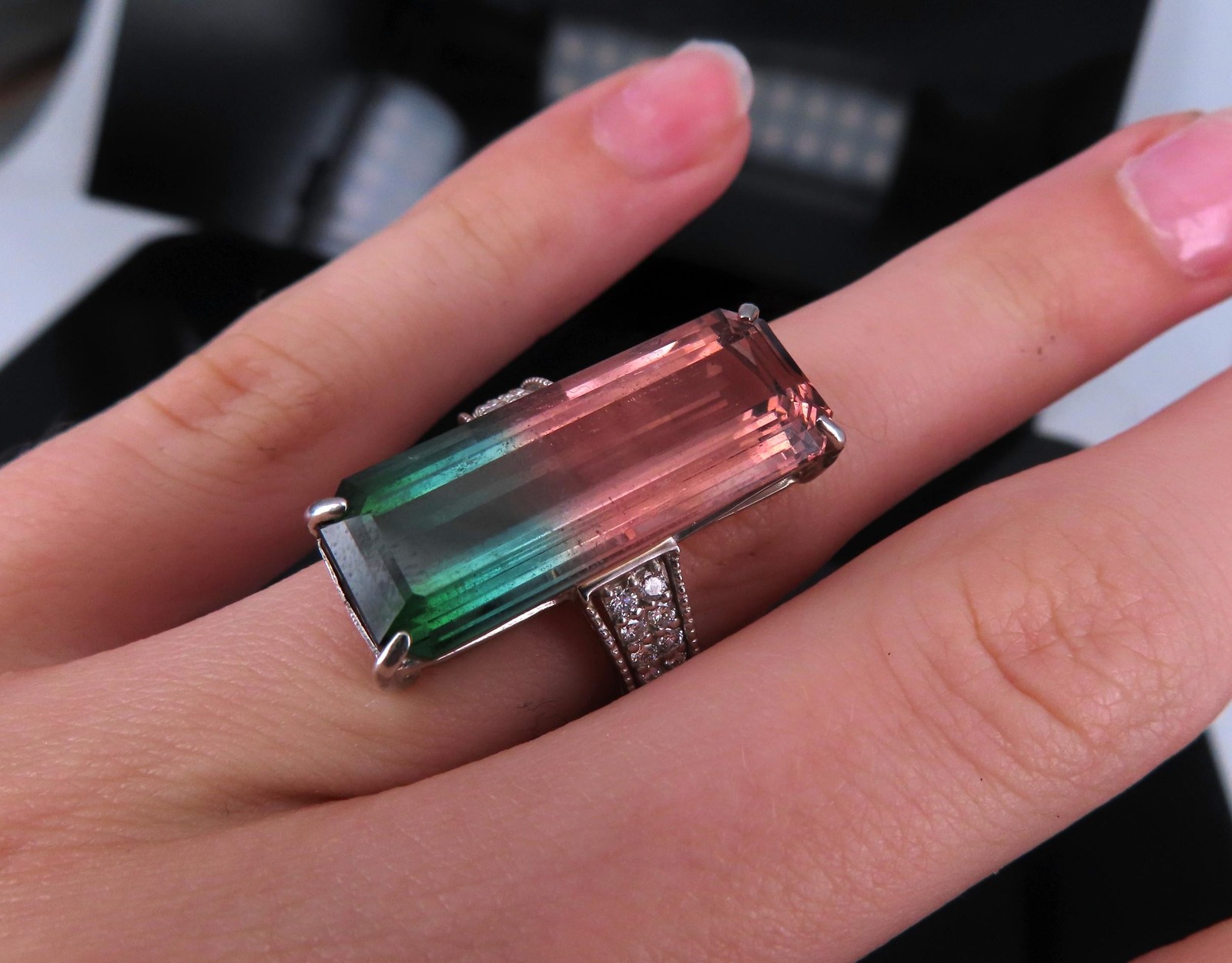 Rare 15.82ct Natural Party Color Tourmaline 0.35ct Diamond Platinum Ring, Size 7