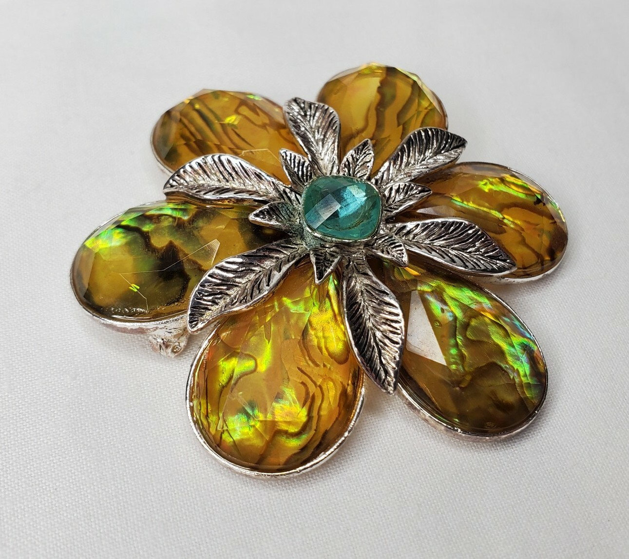 Vintage Monet Flower Brooch Yellow Acrylic Turquoise Faceted Stone Silver Tone