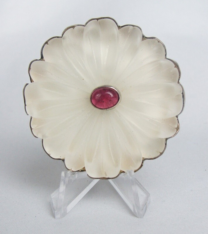 Vintage Amy Kahn Russell Frosted Glass Sterling Silver Flower Brooch Pin Pendant