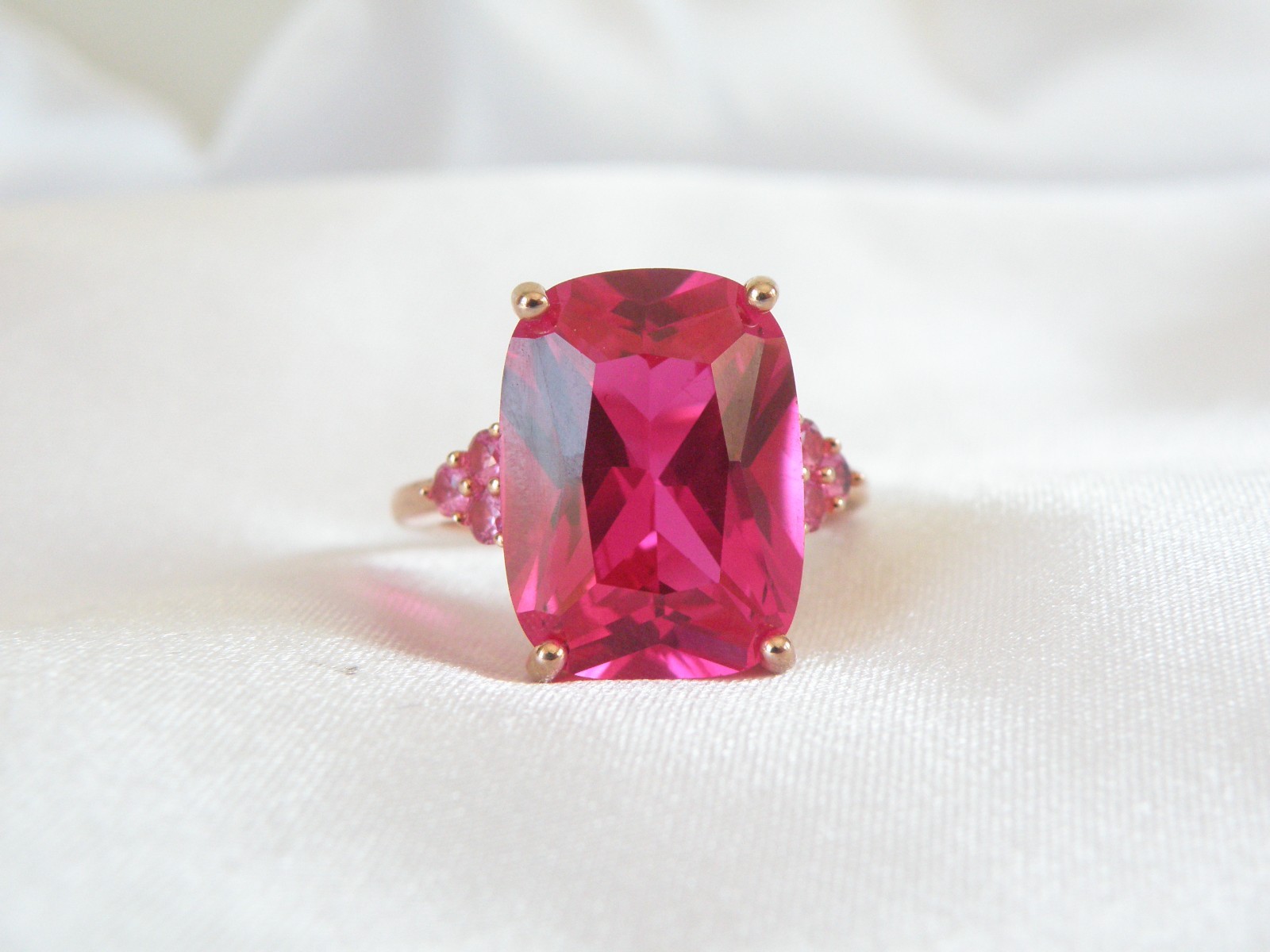 Sterling Silver 925 Rose Gold Large Lab Created Pink Sapphire Ruby Ring Size 10