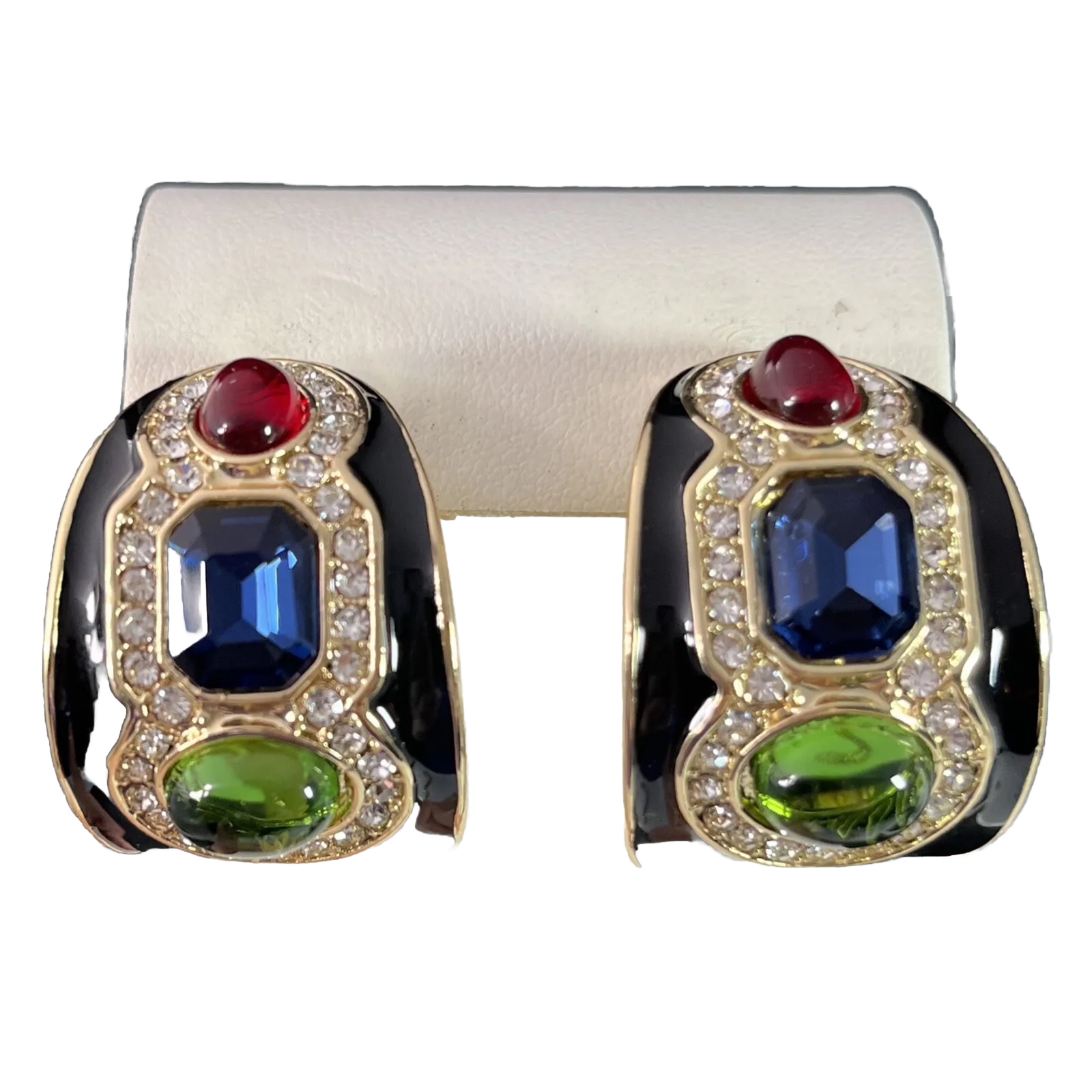 Gripoix Glass Cabochon Earrings Gold Tone Multicolor Half Hoop Huggie Pierced