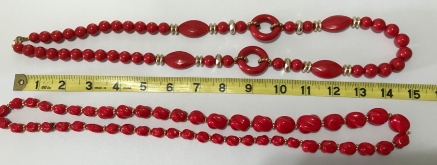 Lot of 5 Red Costume Jewelry Necklaces Fun Bright Beads Various Designs Vintage