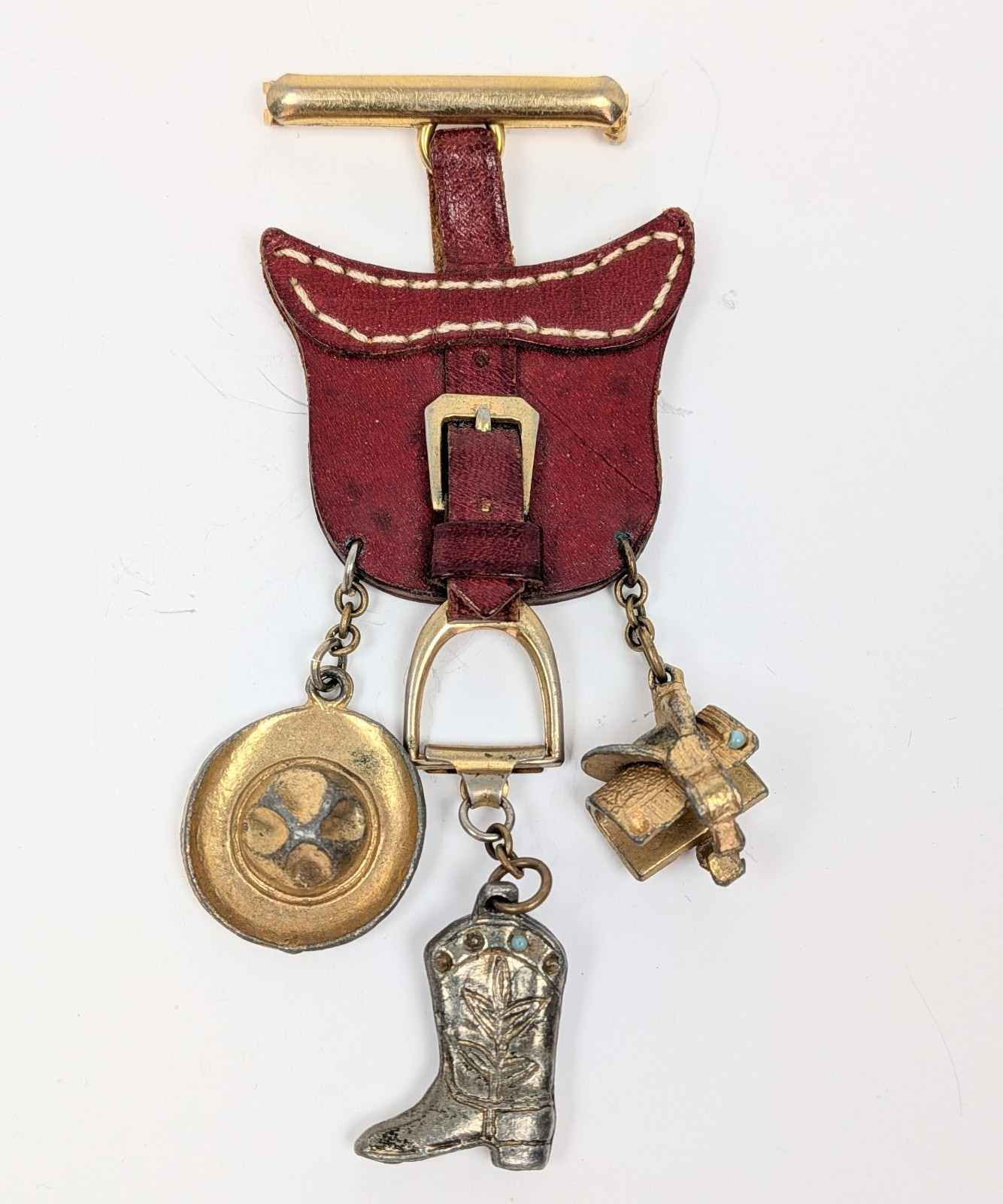 Western Cowgirl Equestrian Brooch RARE Rodeo Leather Saddle Chatelaine Charms