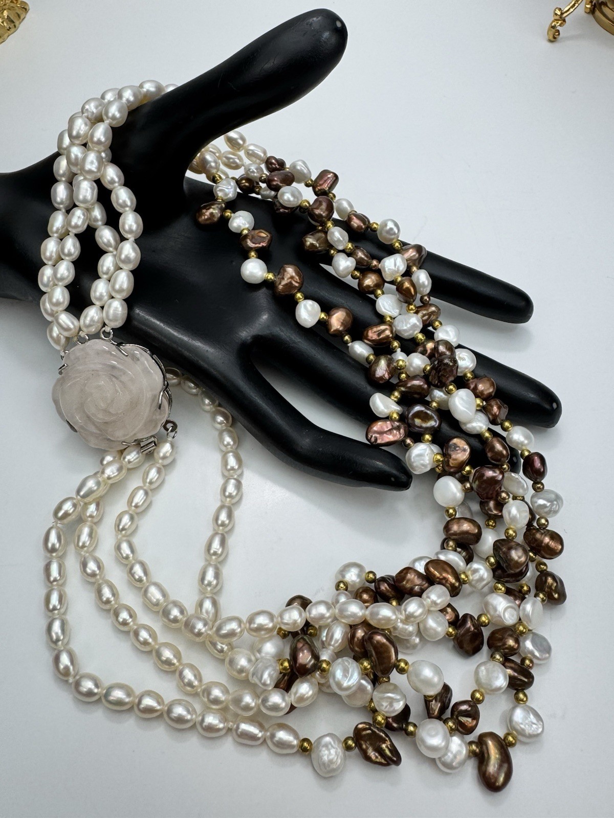 Stunning Freshwater Pearl Necklace White & Chocolate Baroque Rose Quartz Clasp