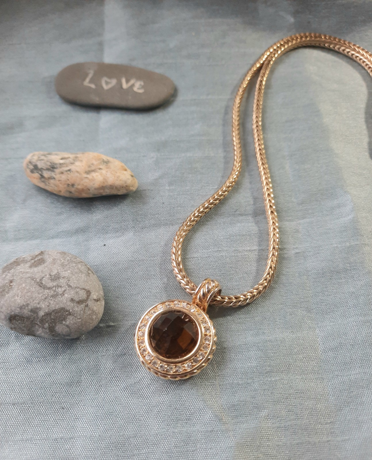 Vintage 80s Smoky Topaz & Clear Crystal Pendant Necklace Goldtone Chain